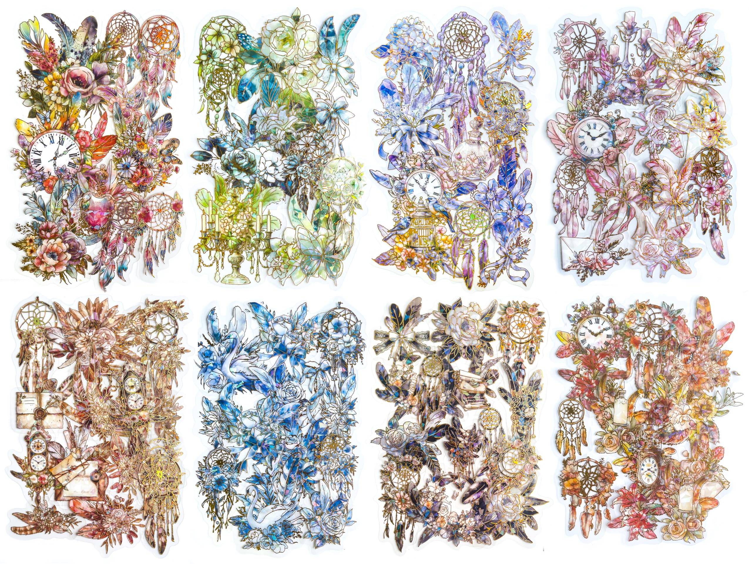 Yoksas Holographic Shiny Bohemian Flower Feather Stickers - 160Pcs Ice Crystal Gypsy Boho Dream Catchers Stickers for Journaling,Scrapbook,Arts Supplies