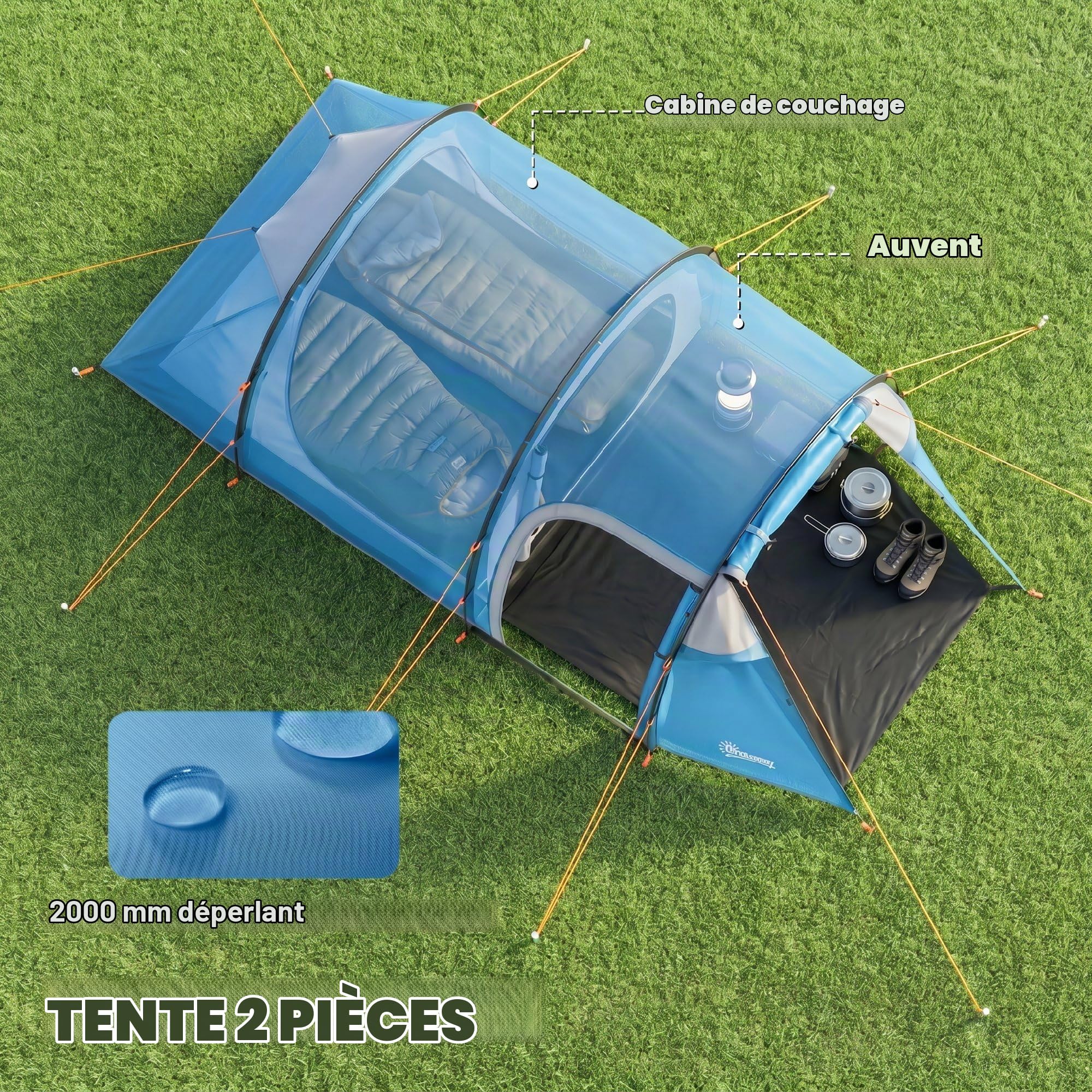 Outsunny Tunnelzelt für 2-3 Personen, Campingzelt mit Vorraum Lampenhaken 2000mm Wassersäule, Wasserdicht Familienzelt, Gruppenzelt für Camping Reise Trekking Garten