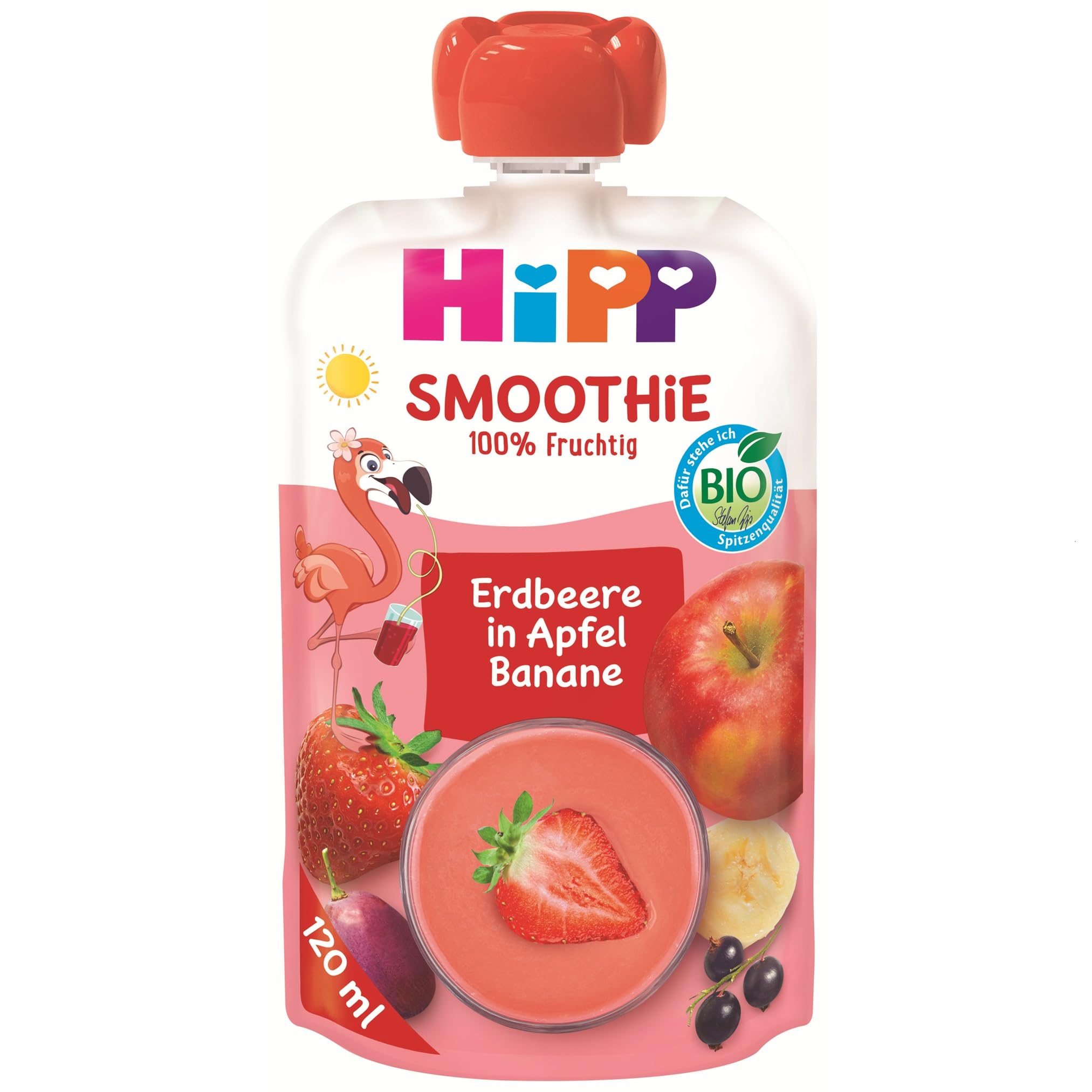 HiPP Bio Quetschie Smoothie Erdbeere in Apfel Banane - Flora Flamingo (6 x 120ml), ab 1 Jahr, 100% Bio Frucht, vegan, in bester Bio-Qualität