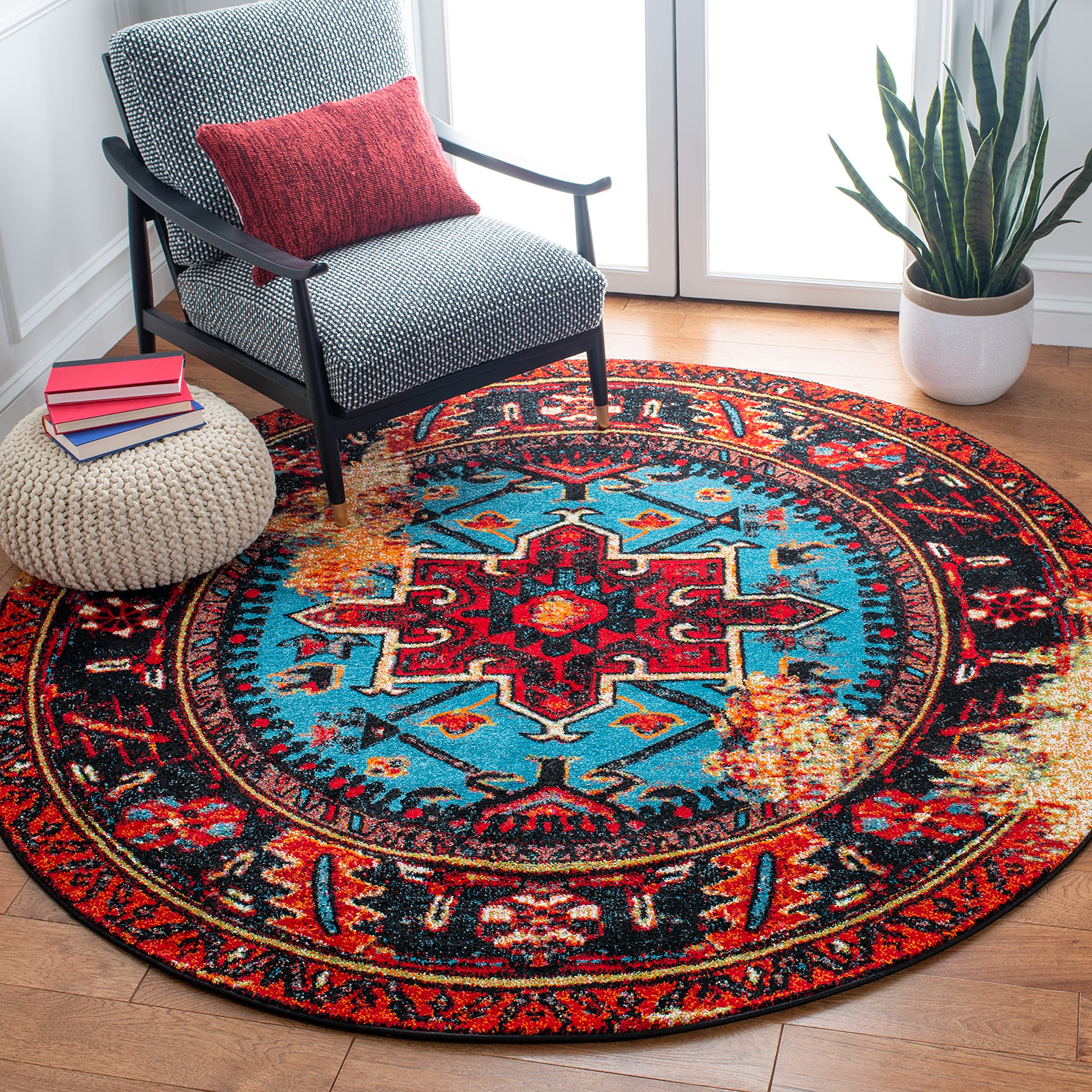 SAFAVIEH Vintage Hamadan Collection Area Rug - 5'3" Round, Red & Light Blue, Traditional Persian Design, Non-Shedding & Easy to Clean, Ideal for