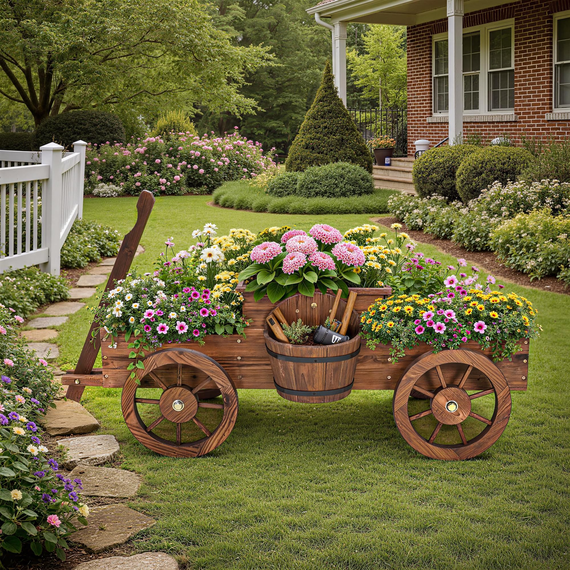 Pamapic Blumenwagen für Garten, Blumenkasten im Wagenstil mit Griff & Rädern, Pflanzkübel Holz für Gemüse, Blumen, Kräuter, Terrasse, Balkon, Innenbereich, Bollerwagen Holz, 158,5x54x41cm, Braun
