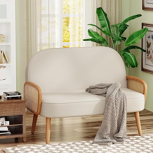 Miniatura 5 de Aklaus Sofá biplaza pequeño de piel sintética de 45 pulgadas de ancho con brazos de ratán natural, mini sofá tapizado moderno con respaldo para sala