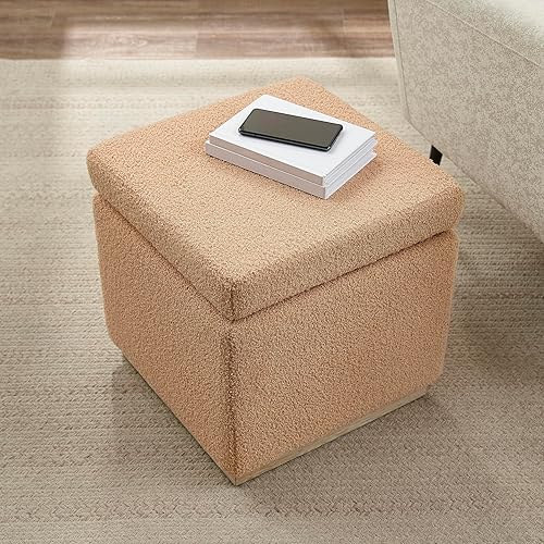 Miniatura 5 de Linon Tan Lexington Sherpa - Otomana cuadrada tapizada con decoración de madera de pino