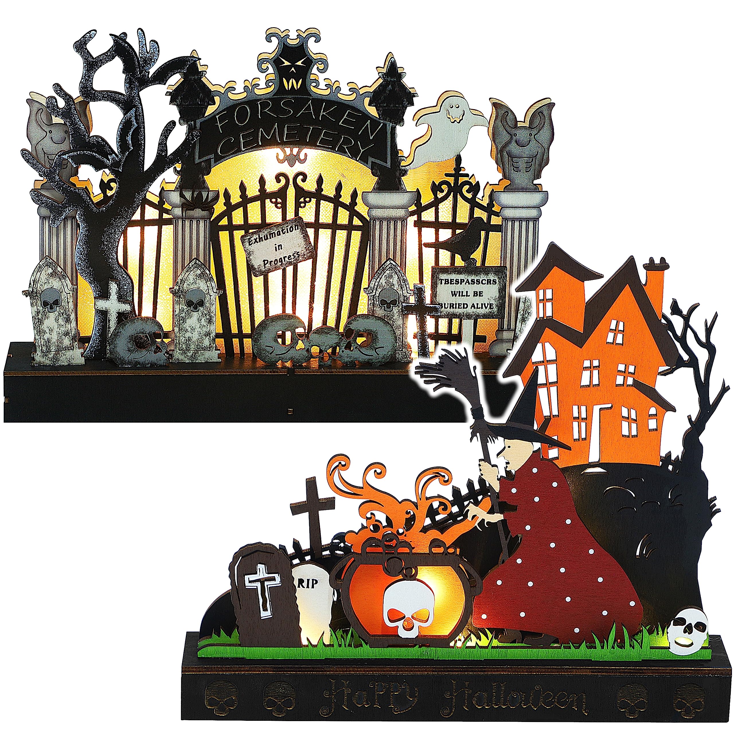 Lulu Home Halloween Tabletop Decoration, Wooden Lighted Battery