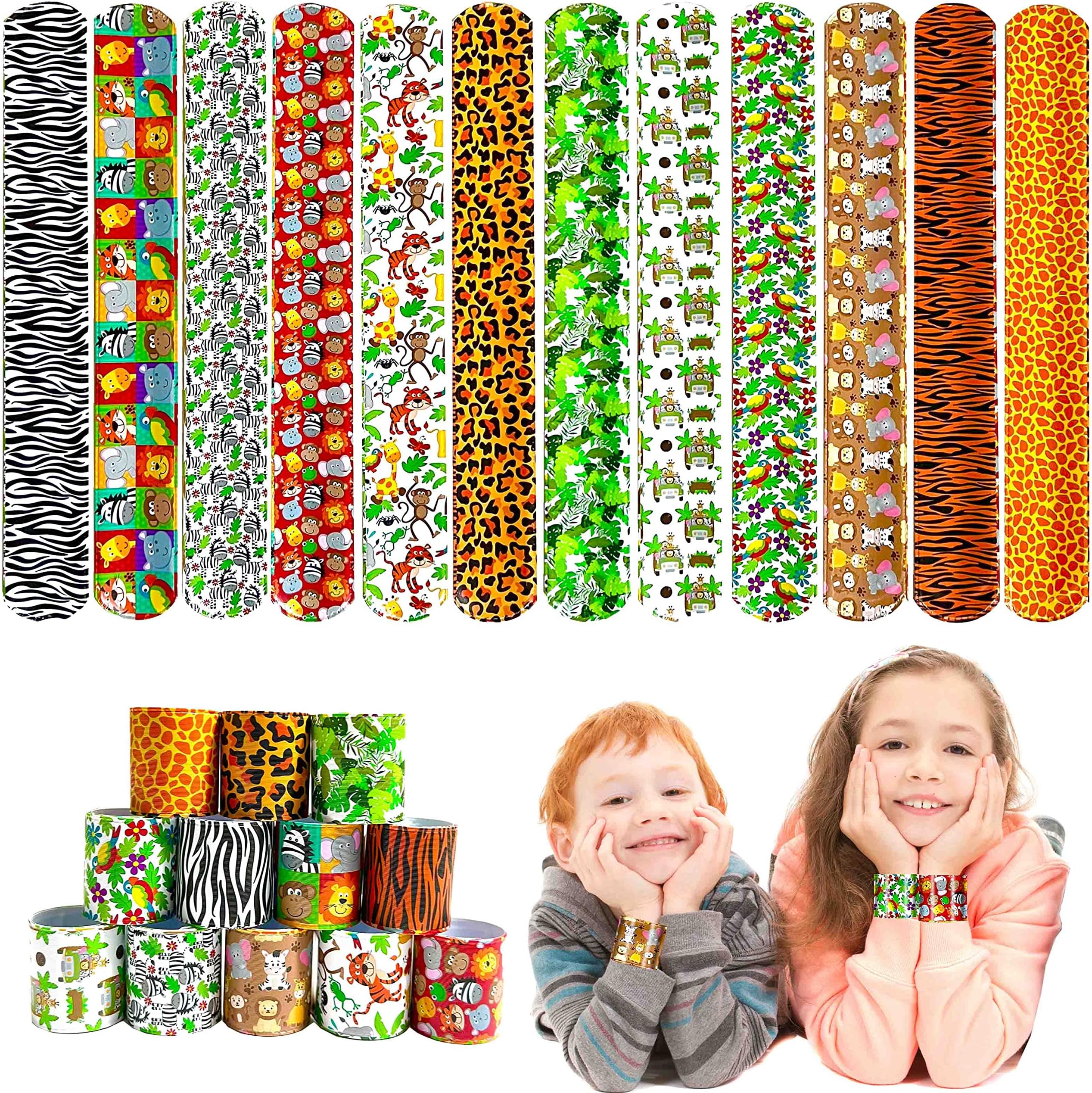 TUWUNA Safari Party Favors 48Pcs Jungle Animal Theme Slap Bracelets for Jungle Forest Birthday Party Supplies Wild One Decoration,Gift Bag Filling And Favorite Gift For Boys Girls