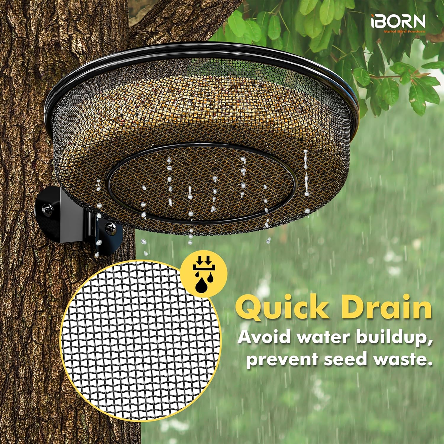iBorn Wall Mounted Bird Feeder Tray,Metal Mesh Tray for 7.3”Wild Bird Seed Tray Tree Mount, Widely Installed on Wooden Post, Fences, Trees and Walls, Pack of 2
