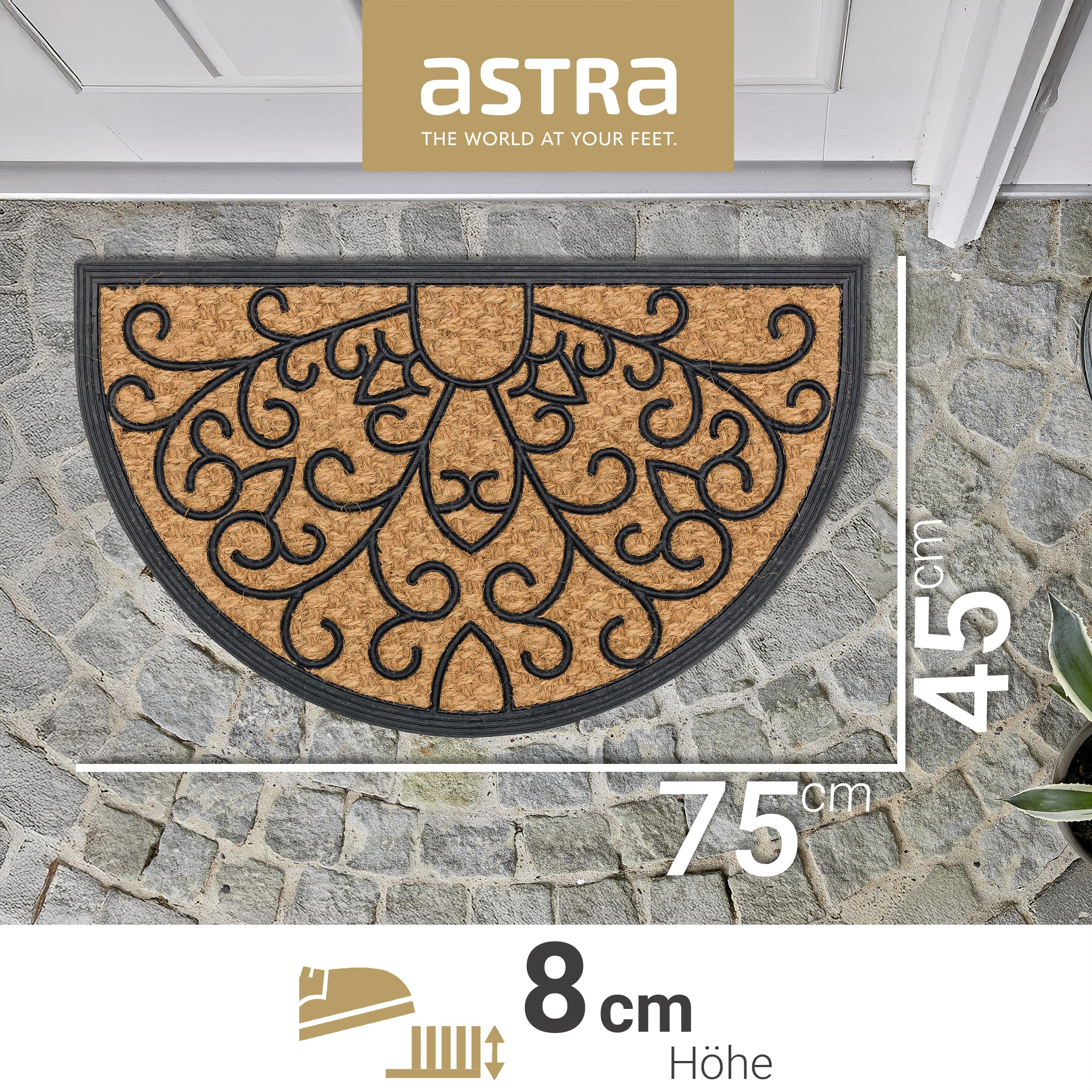ASTRA Coco Deluxe antypoślizgowa wycieraczka zewnętrzna odporna na warunki atmosferyczne – wycieraczka z gumy i antybakteryjna kokosowa – zatrzymująca brud 45 x 75 cm, zestaw 2 szt., Relief półokrągły
