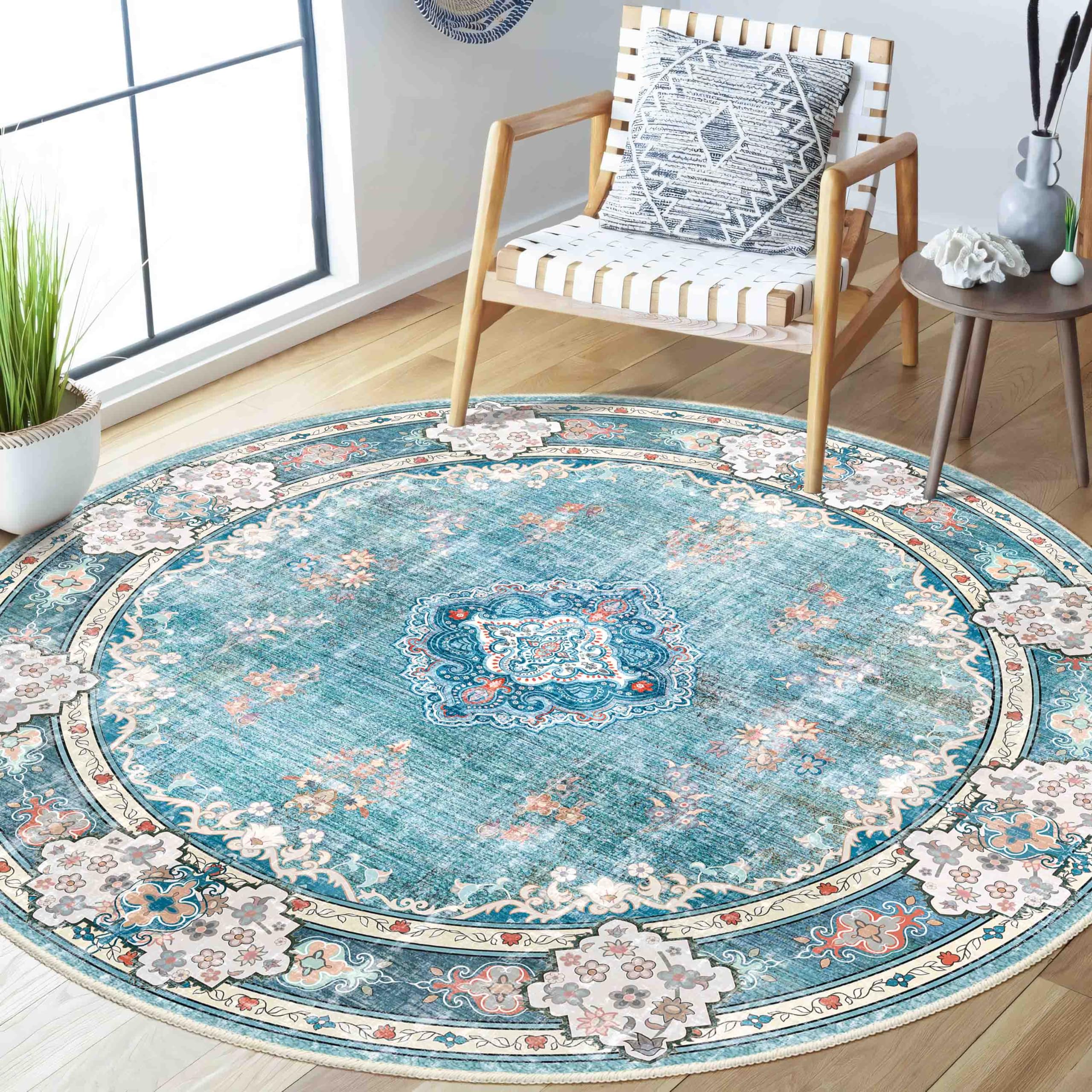 MUJOO Teal Round Rug 5ft,Circle Washable Area Rugs for Bedroom Living Room Bathroom,Boho Large Non Slip Circular Carpet,Floral