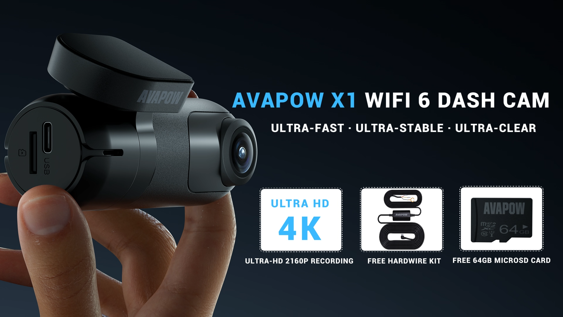 AQV Dash Cam Auto Doppia 4K+1080P con WiFi Telecamera per Auto con Scheda SD da 64 GB,Registrazione Loop,G-Sensor,Super Visione Notturna,Grandangolo 170°+140°,Super Condensatore,Monitor di Parcheggio