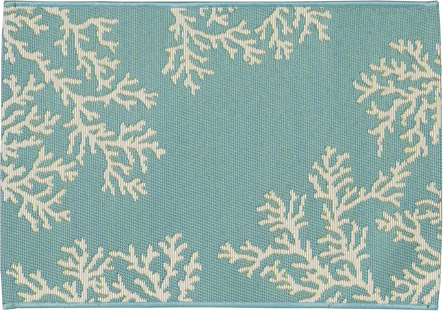Liora Manne Esencia Machine Washable Non-Slip Low Profile Indoor/Outdoor Mat-Transitional, Coastal, Beach, Border, Coral Edge Aqua 2' x 2'10"