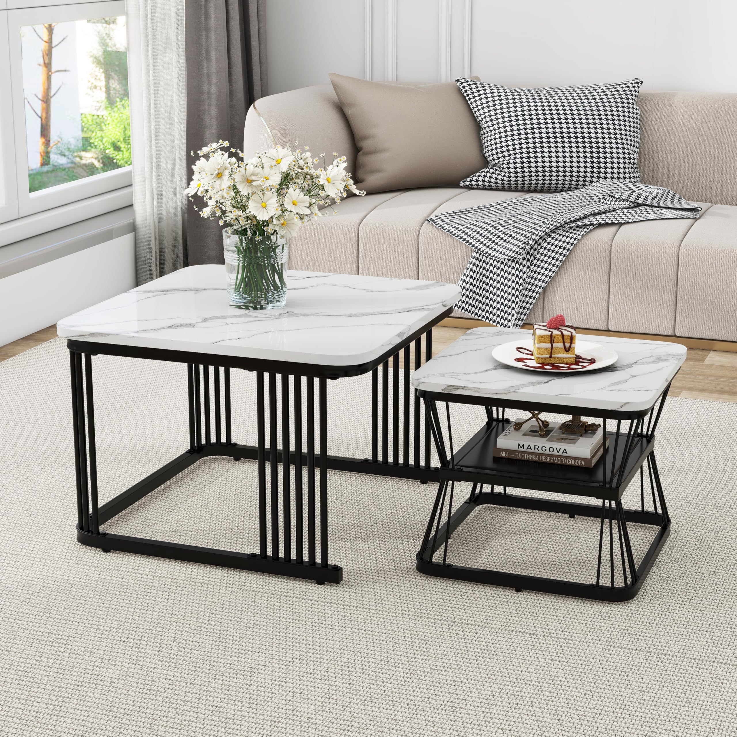 Merax Quadratisch Couchtisch 2er Set, Moderne Wohnzimmertisch mit Marmoroptik, Hochglänzend Satztisch mit Stauraum, für Wohnzimmer, Balkon und Büro, Metallgestell, Weiß und Schwarz