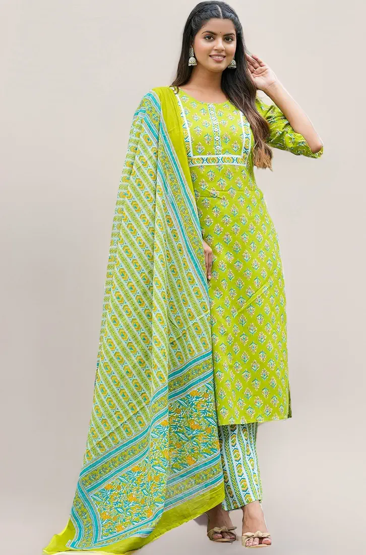 Yash Gallery Women's Rayon Floral Printed Straight Kurta with Pant & Dupatta Set