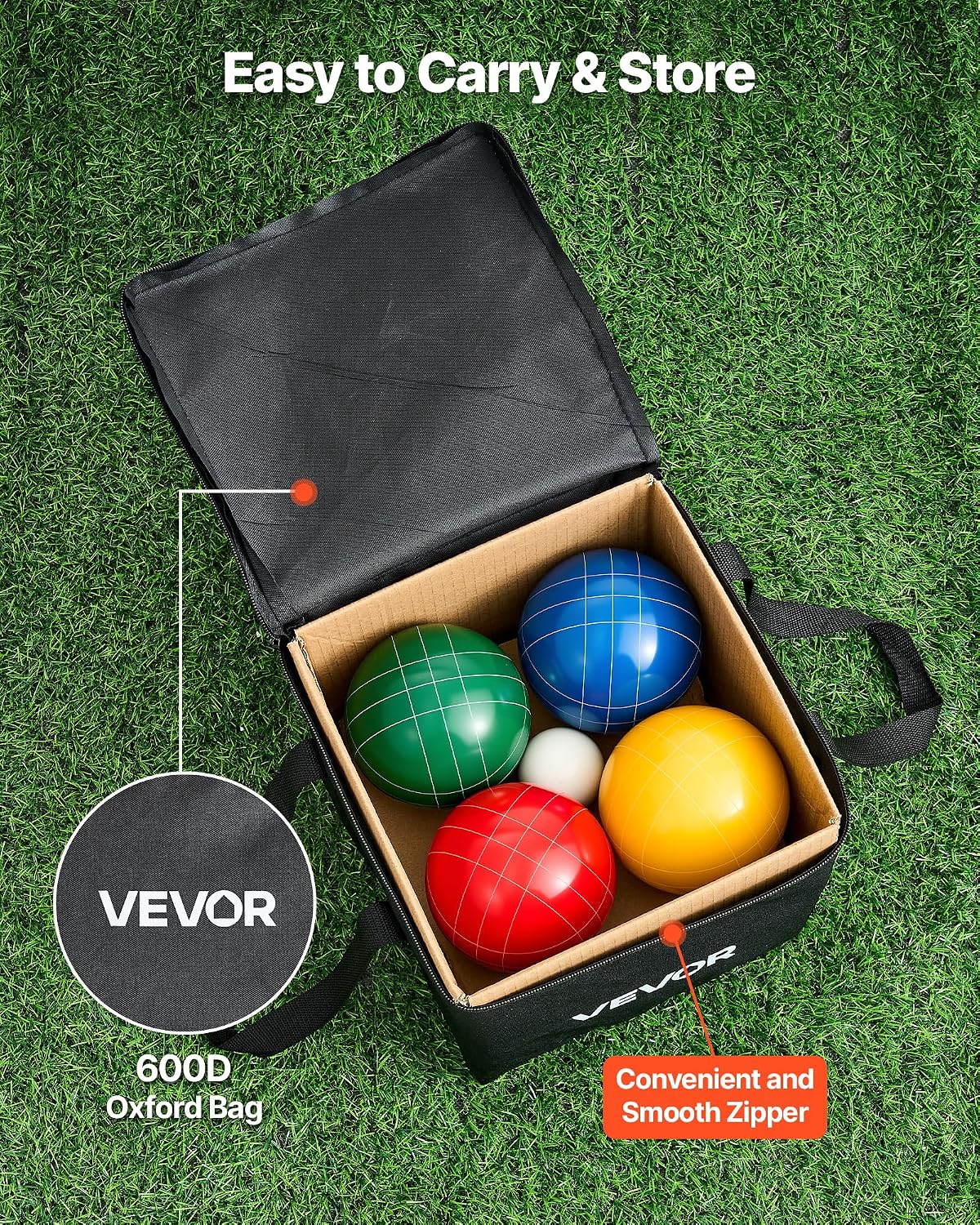 VEVOR Bocce Ball Set, 107 mm, with 8 Resin Balls, Pallino, Carrying Bag and Measuring Rope, Red/Green/Blue/Yellow 4 Colors, for 2 to 8 Players, Bocce Ball Game Set for Beach, Lawn, Family Backyard