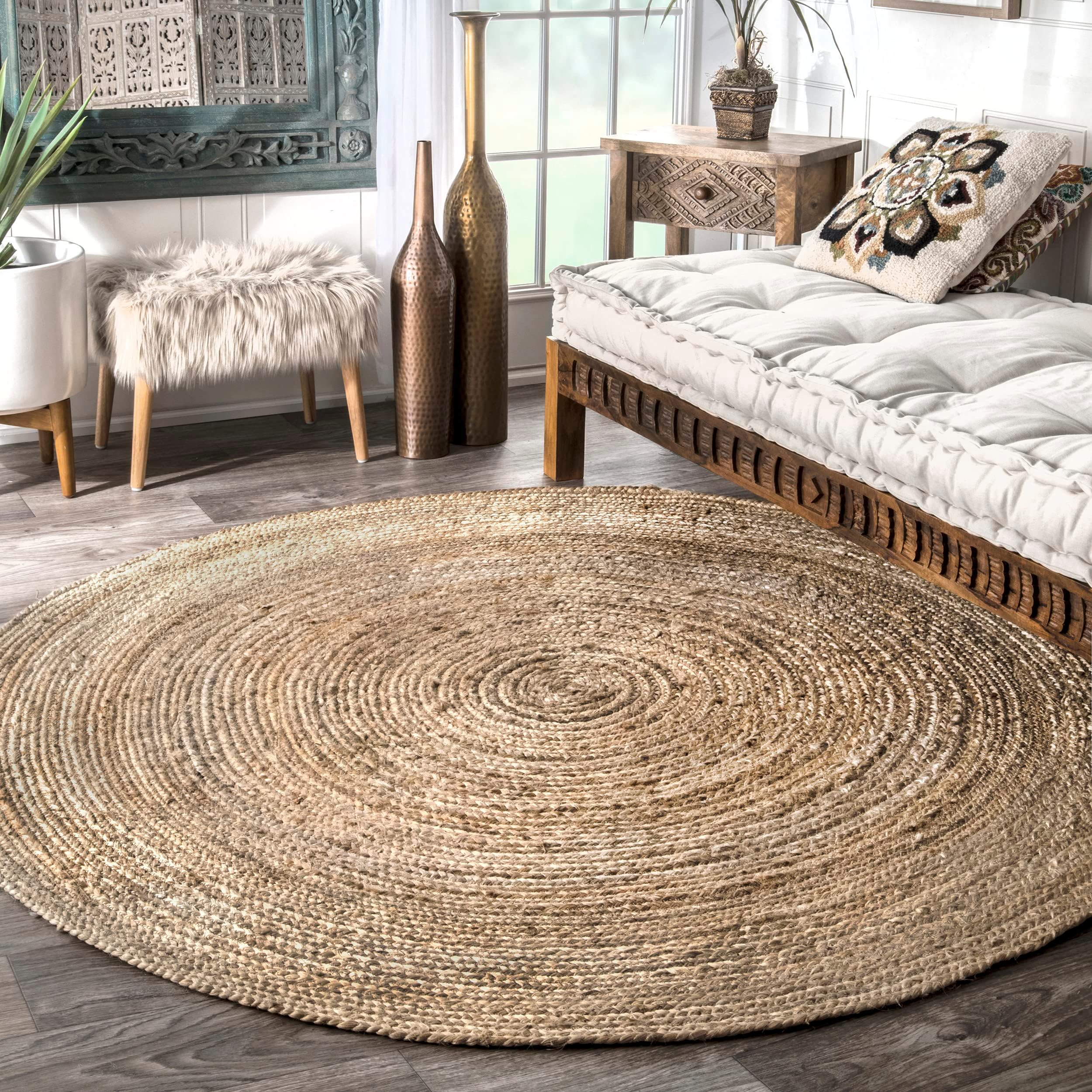 6 Round Rigo Jute Hand Woven Area Rug, Natural, Solid Farmhouse Design, Natural Fiber, For Bedroom, Living Room, Dining Room, Hallway, Office, Kitchen, Entryway