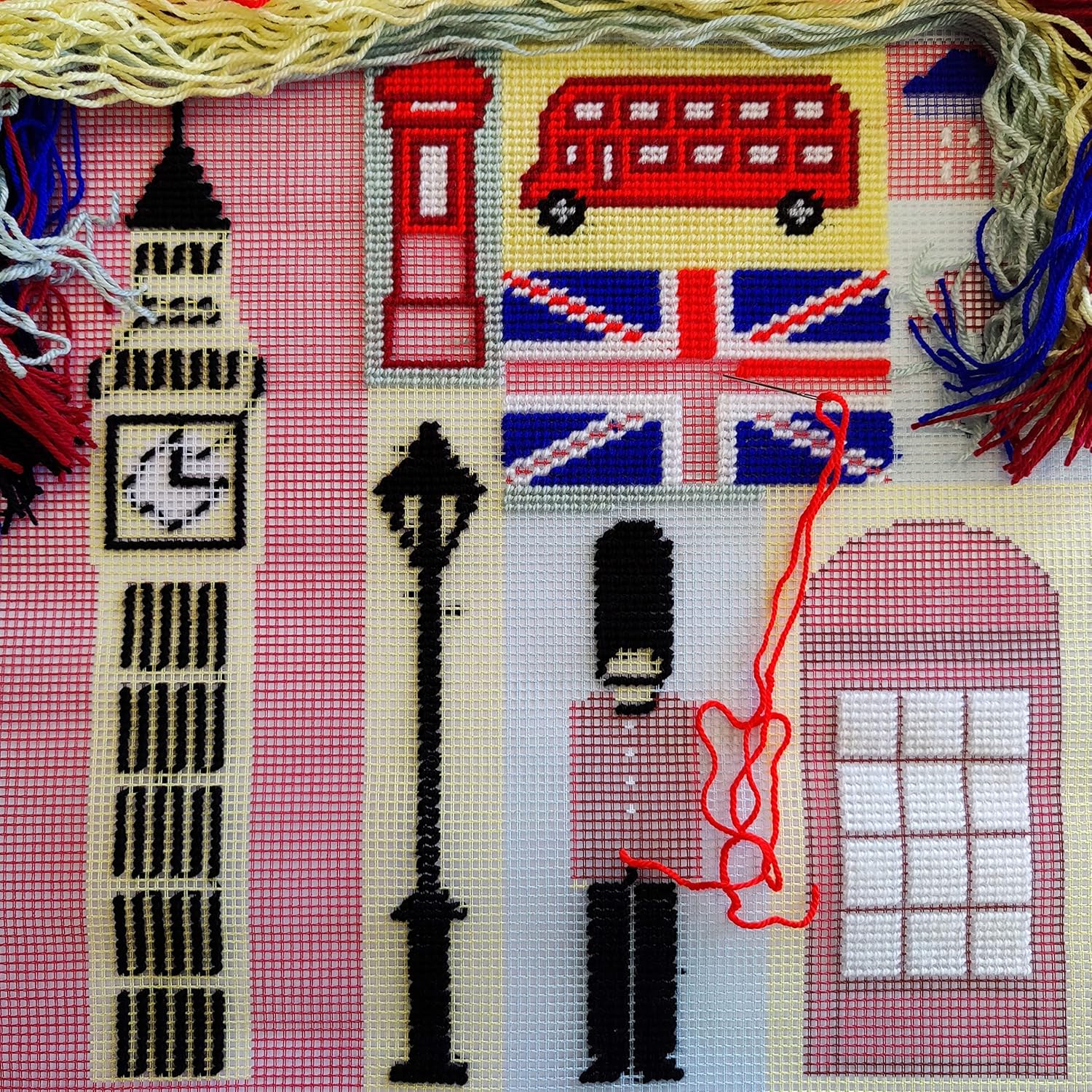 Brvsk Needlepoint Kit for Adults and Beginners — London Souvenirs 16″ × 16″ with Clear, Precise Printed Design on Cotton Canvas; Includes 2 Needles, Yarn, and Easy-Read Chart