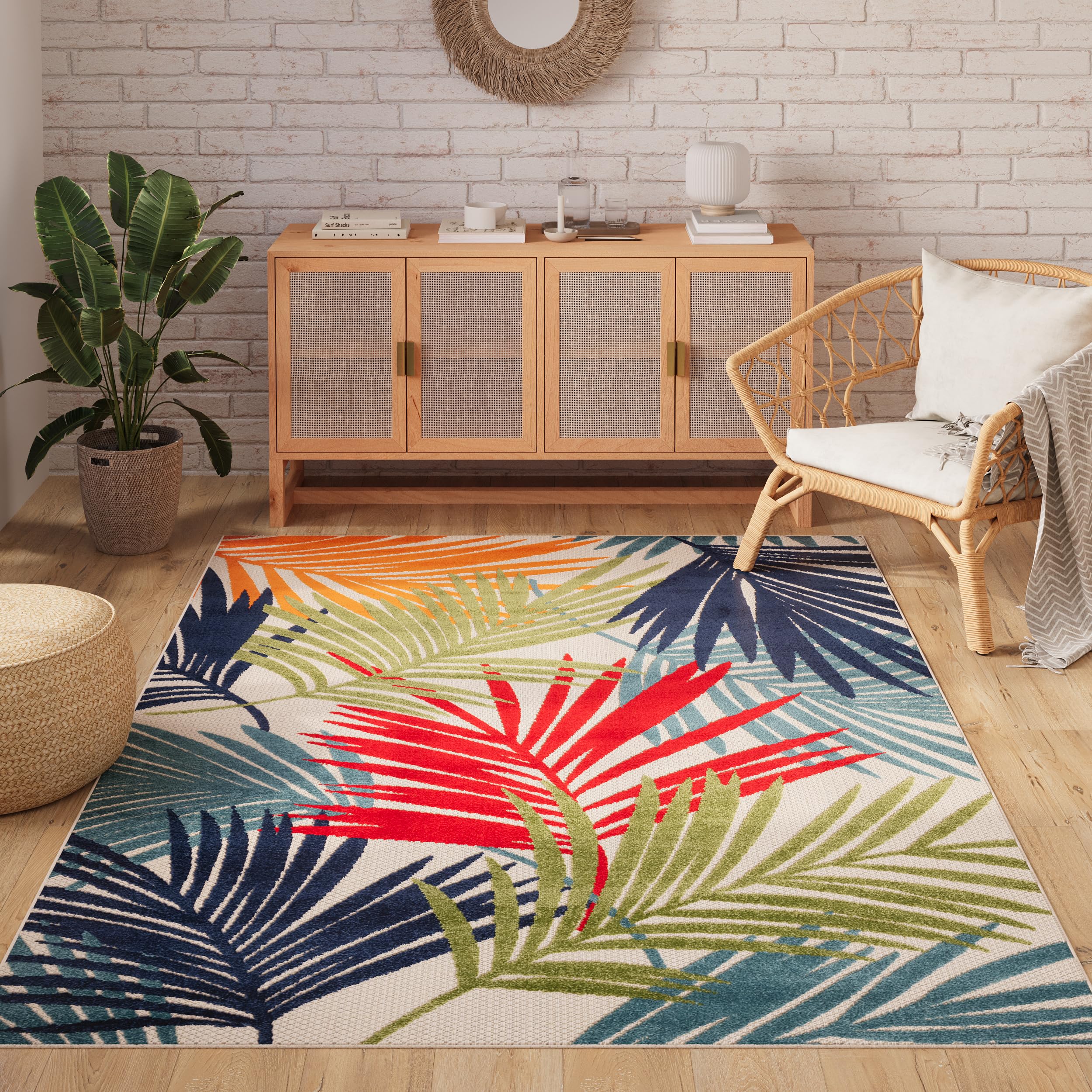 TAPISO Patio dywan tarasowy, mata do kuchni, salonu, na zewnątrz, nowoczesne wzornictwo, 3D, kolory: zielony, kremowy, czerwony, niebieski, pomarańczowy, liście, sizalowy, odporny na uszkodzenia 200 x 300 cm