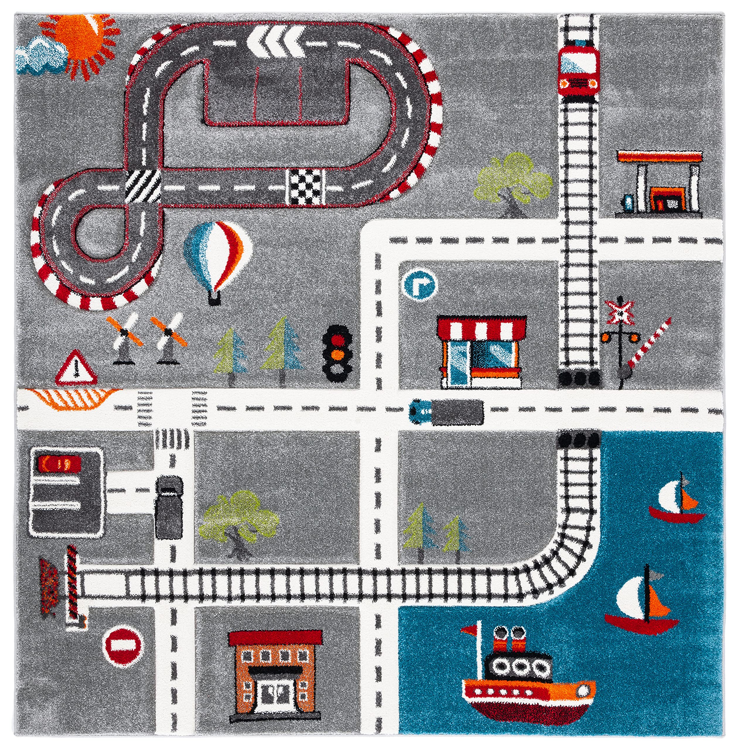 SAFAVIEH Carousel Kids Collection 3' Square Grey/Ivory CRK192F Neighborhood Road Non-Shedding Playroom Nursery Bedroom Area Rug