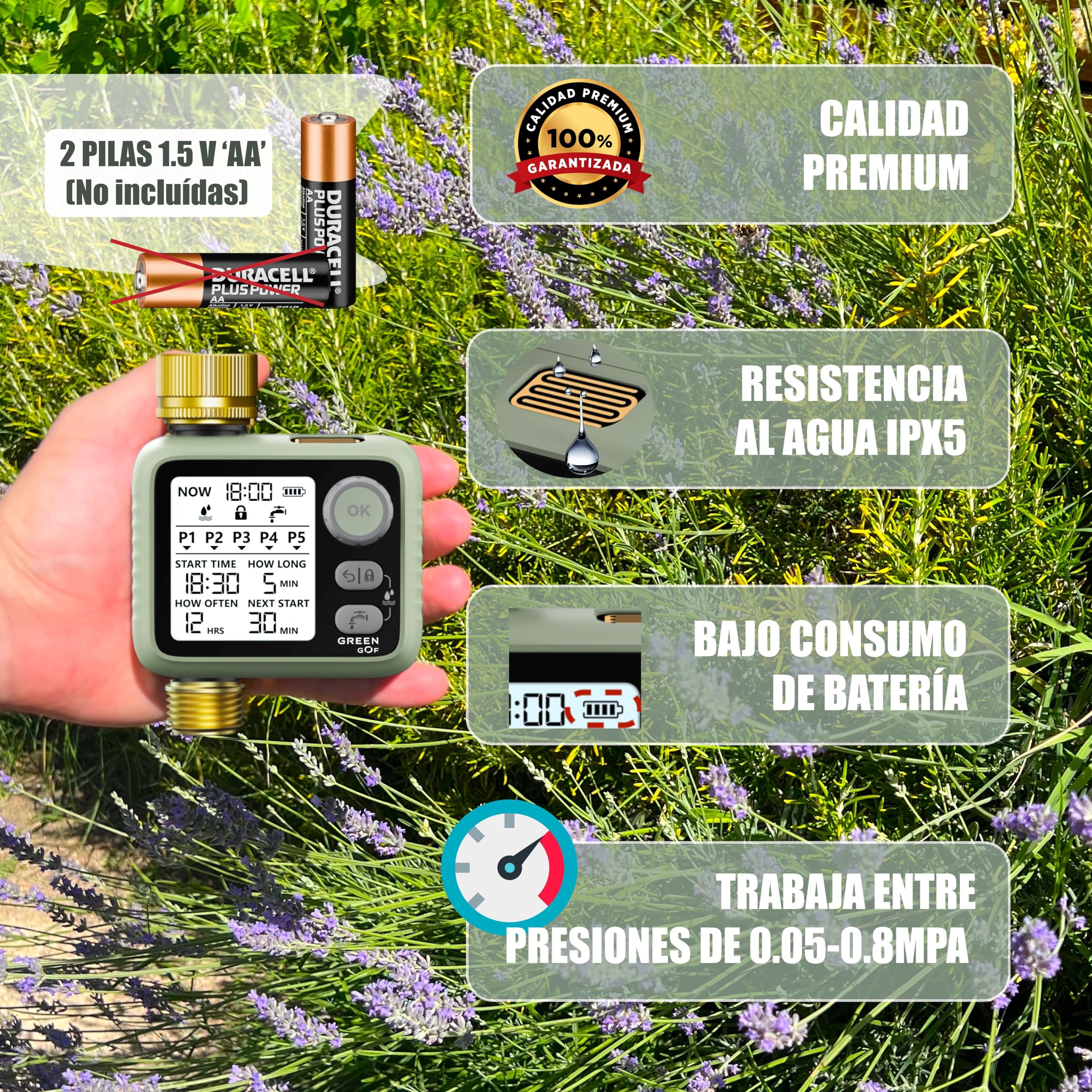 Programador de Riego Premium. Conectores de Latón, Sensor de Lluvia, Pantalla Retroiluminada, Temporizador de Bajo Consumo a Pilas, 5 Programas Independientes, Fácil e Intuitivo.