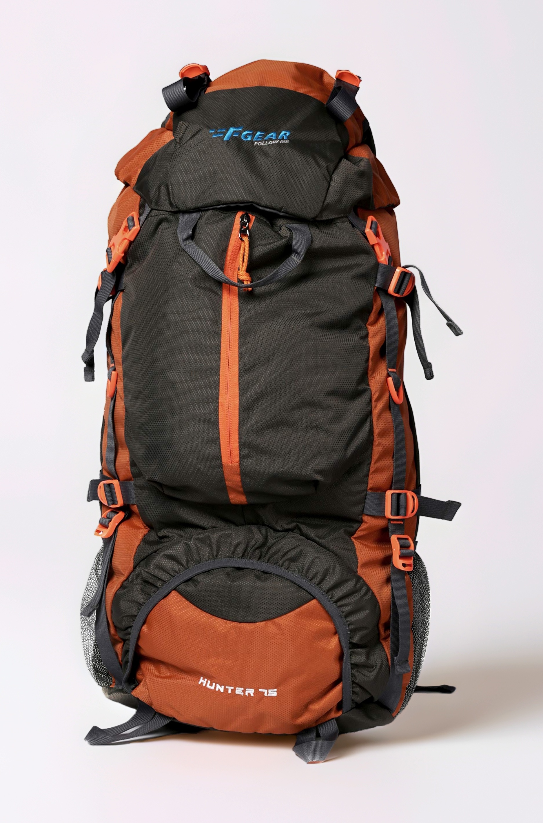 F Gear Hunter Grey Orange 75L Rucksack with Shoe Compartment & Raincover | 1 Compartment & 2 Pockets | Rugged Water-Resistant Large Backpack | Fits Upto 17 Inch Laptop | Outdoor Hiking & Trekking Bag