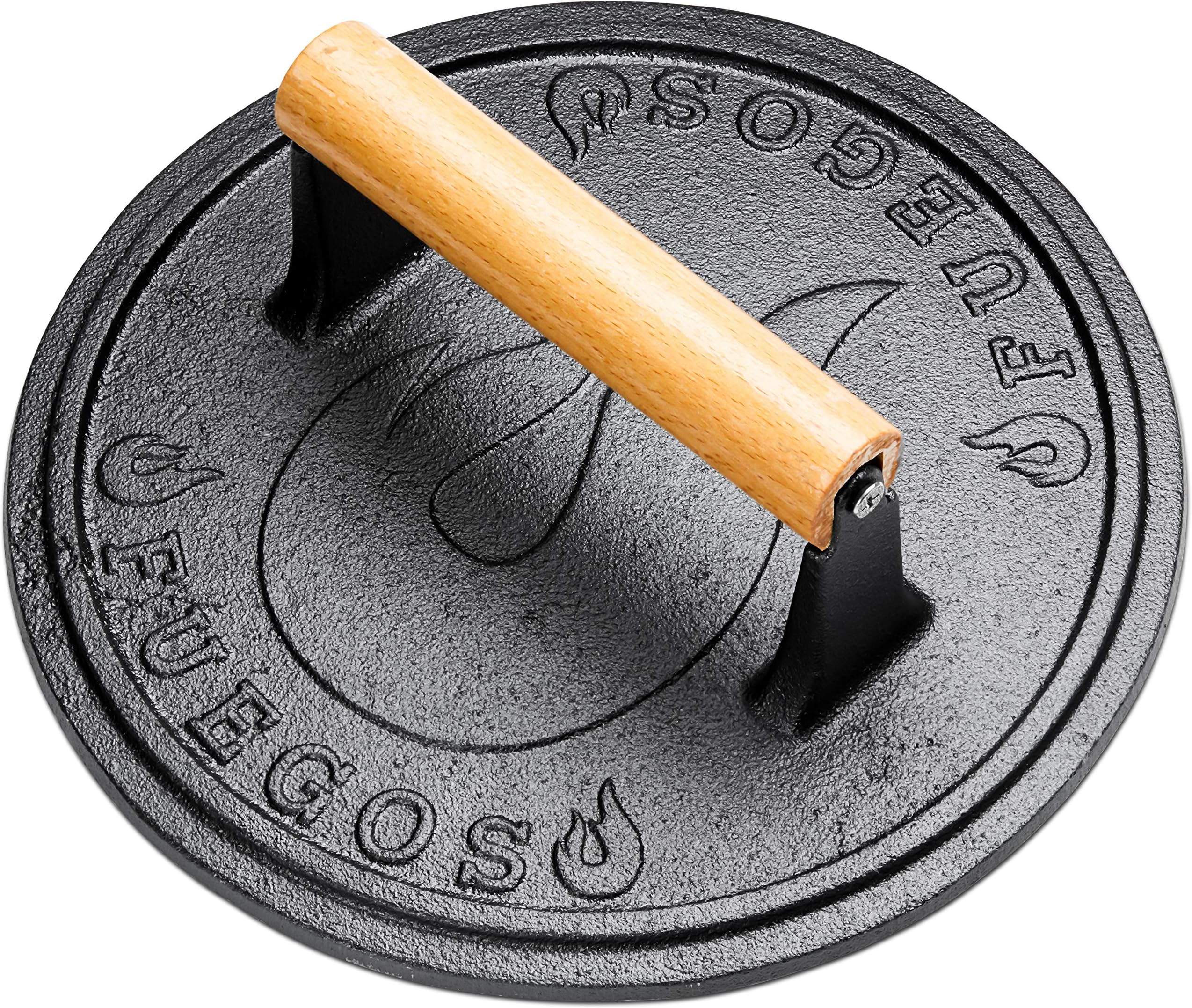 ANR Heavy-Duty Cast Iron Grill Press, Steak and Bacon Press with Wood Handle, 8.75-Inch Round