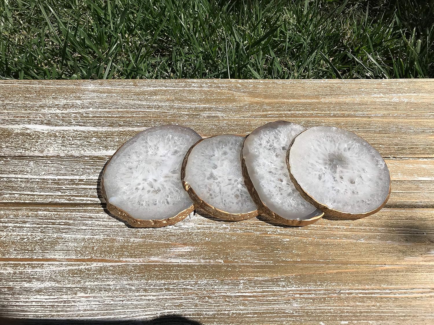 Black Friday - 60% OFF Agate Coaster Set of 4 - Gold Plated Authentic Brazilian Agate Coasters - White