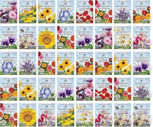 The Old Farmer's Almanac Paquete variado de semillas de flores de primera calidad, 40 paquetes, sin OMG, premium, polinizado abierto