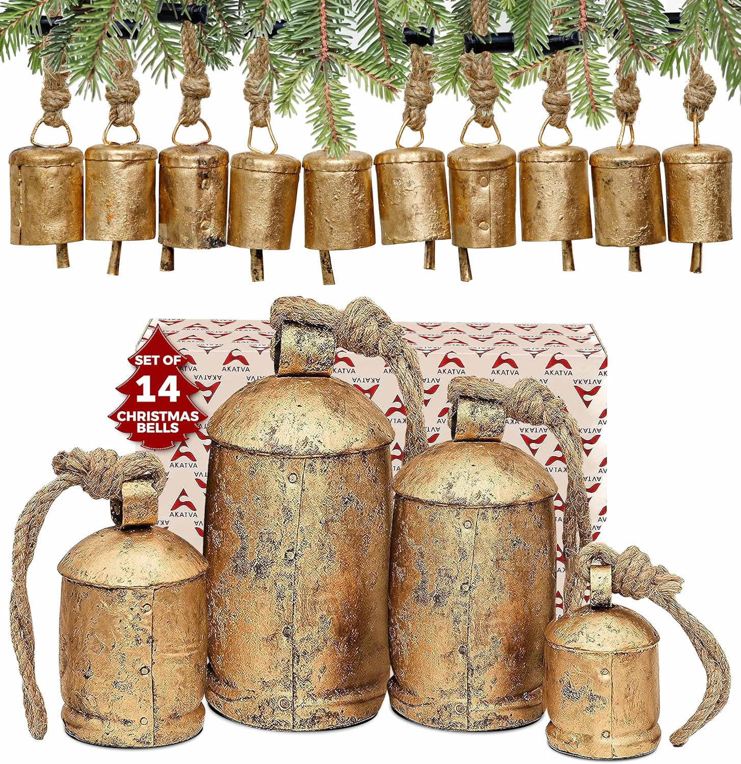 Large Christmas Bells for Decoration – Cow Bells for Rustic Christmas Decor – Gold Bells for Christmas Decorations – Vintage Christmas Decor – Rustic Bells on Rope – Set of 14 Pieces Large and Small Bells 14 Pieces