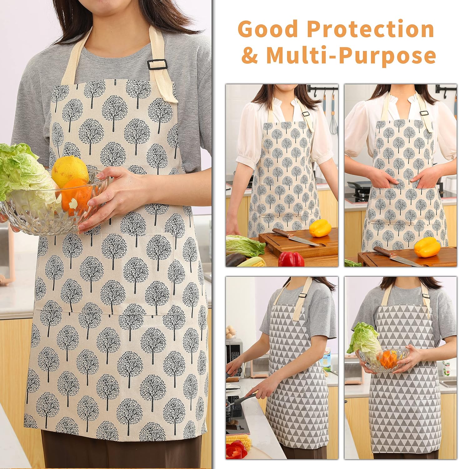 Tosewever 2 Pieces Cotton Linen Waterproof Bib Apron with 2 Pockets - Long Ties Adjustable Neck Strap - Unisex Cooking Kitchen Decorative Pattern Aprons for Women Chef (Triangle/Tree, 2) - Image 5