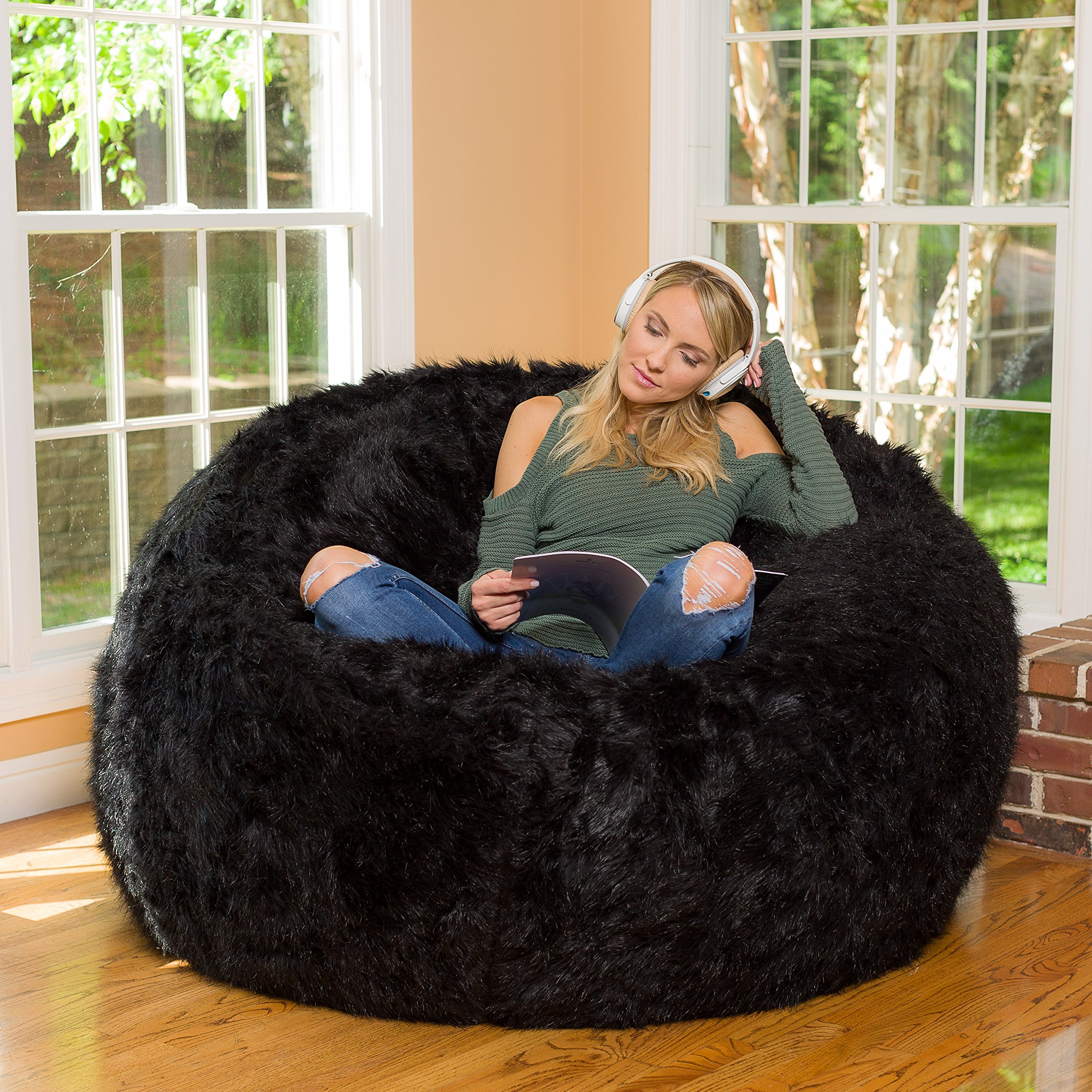 Comfy Sacks Memory Foam Bean Bag Chair, Black Furry