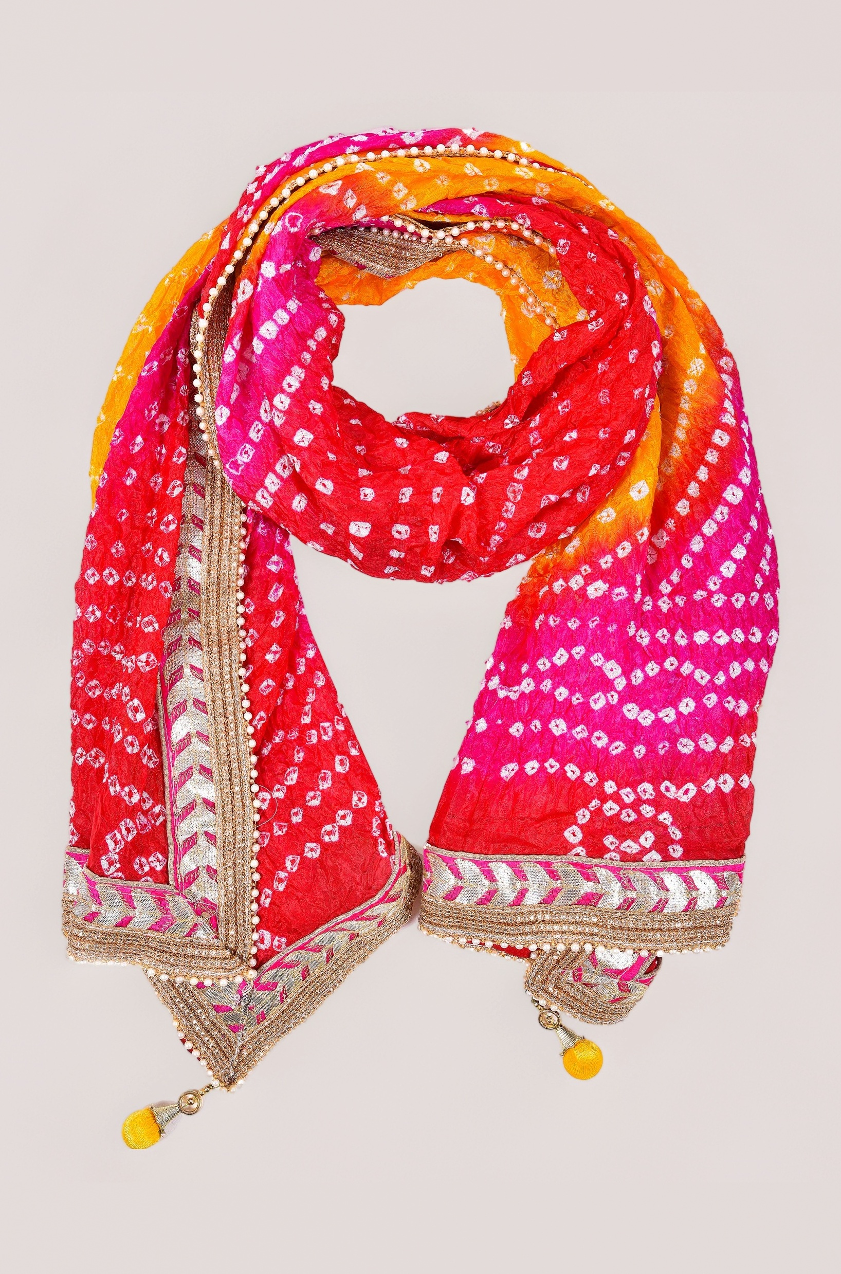 PK HUB Women's Silk Jaipuri Rajasthani Bandhani Bandhej Heavy Dupatta with Gota Work and Latkan