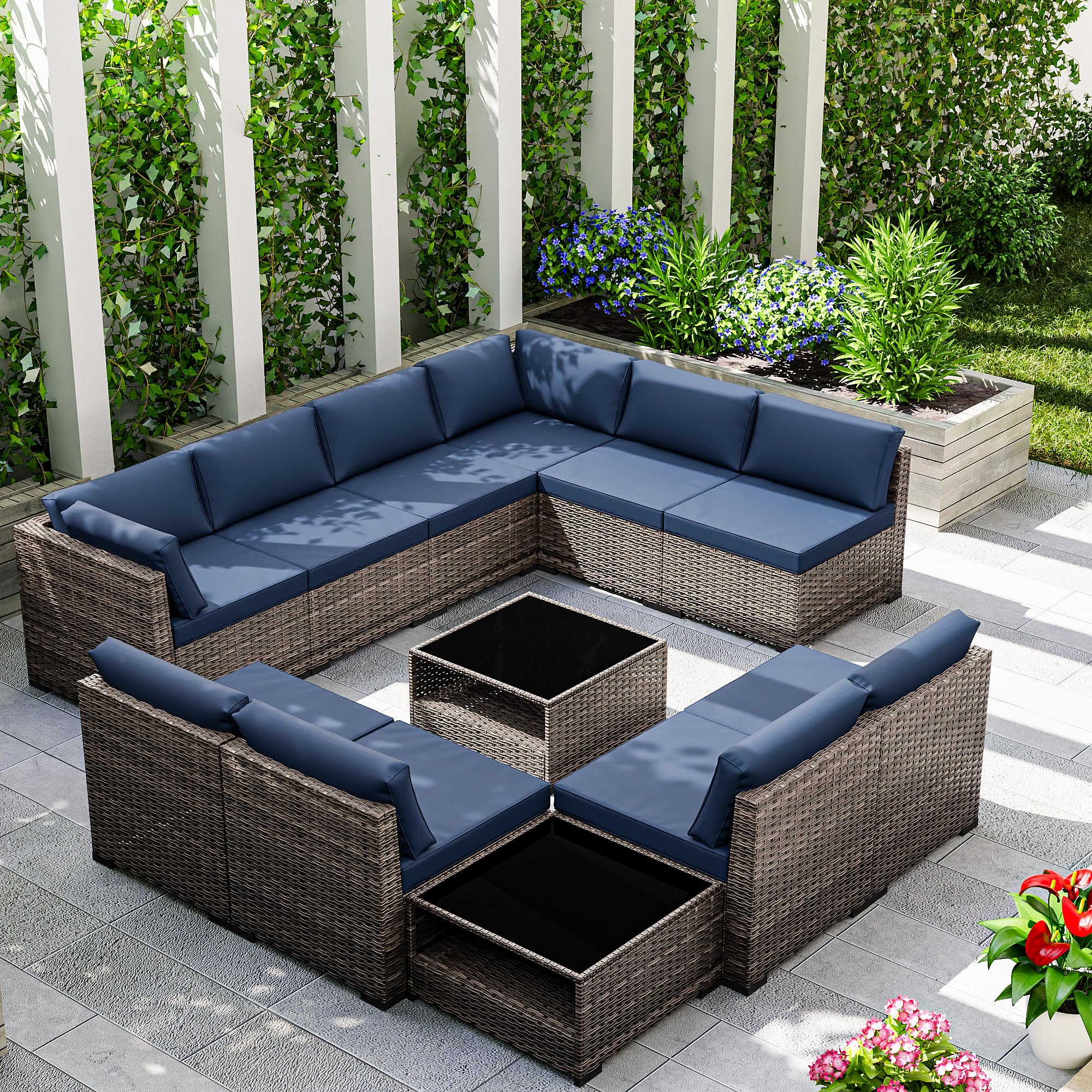 Joyside 12-Piece Patio Furniture Set, Rattan Outdoor Sectional Wicker Patio Conversation Set with Cushions and Coffee Table