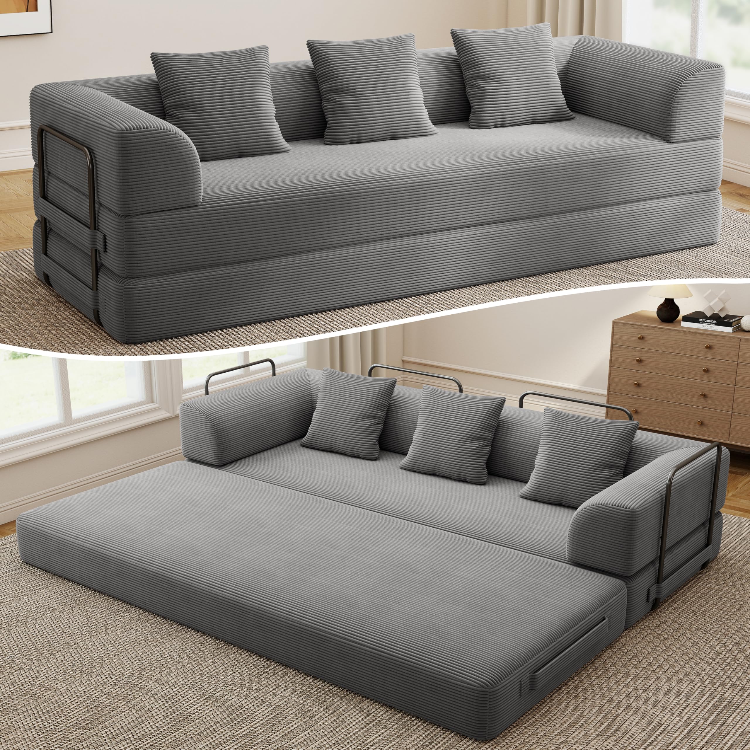 Living&Giving（WALKBON） 89" Cloud Boneless Convertible Sofa Bed, 5-in-1 Foldable Compressed High-Density Sponge Sofa, Corduroy Fabric 3 Seater Sleeper Couch Futon Daybed for Living Room Bedroom (Gray)