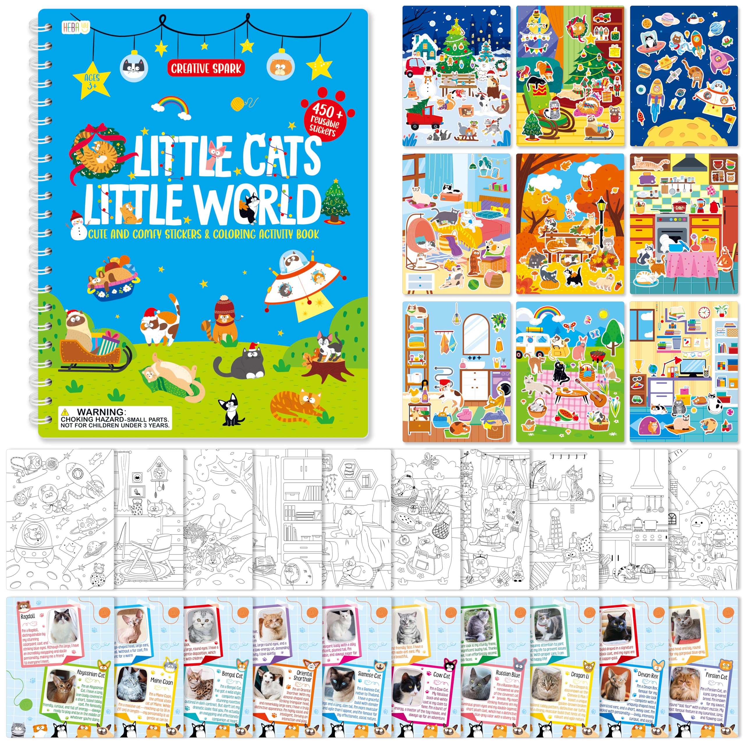 Cat Sticker Activity Book, 450 Reusable Stickers, 10 Dry-Erase Scenes & 10 Coloring Pages, Cat-Themed Activity Book, Educational Hands-on Travel Game - Great for Kids, Adults, Boys & Girls