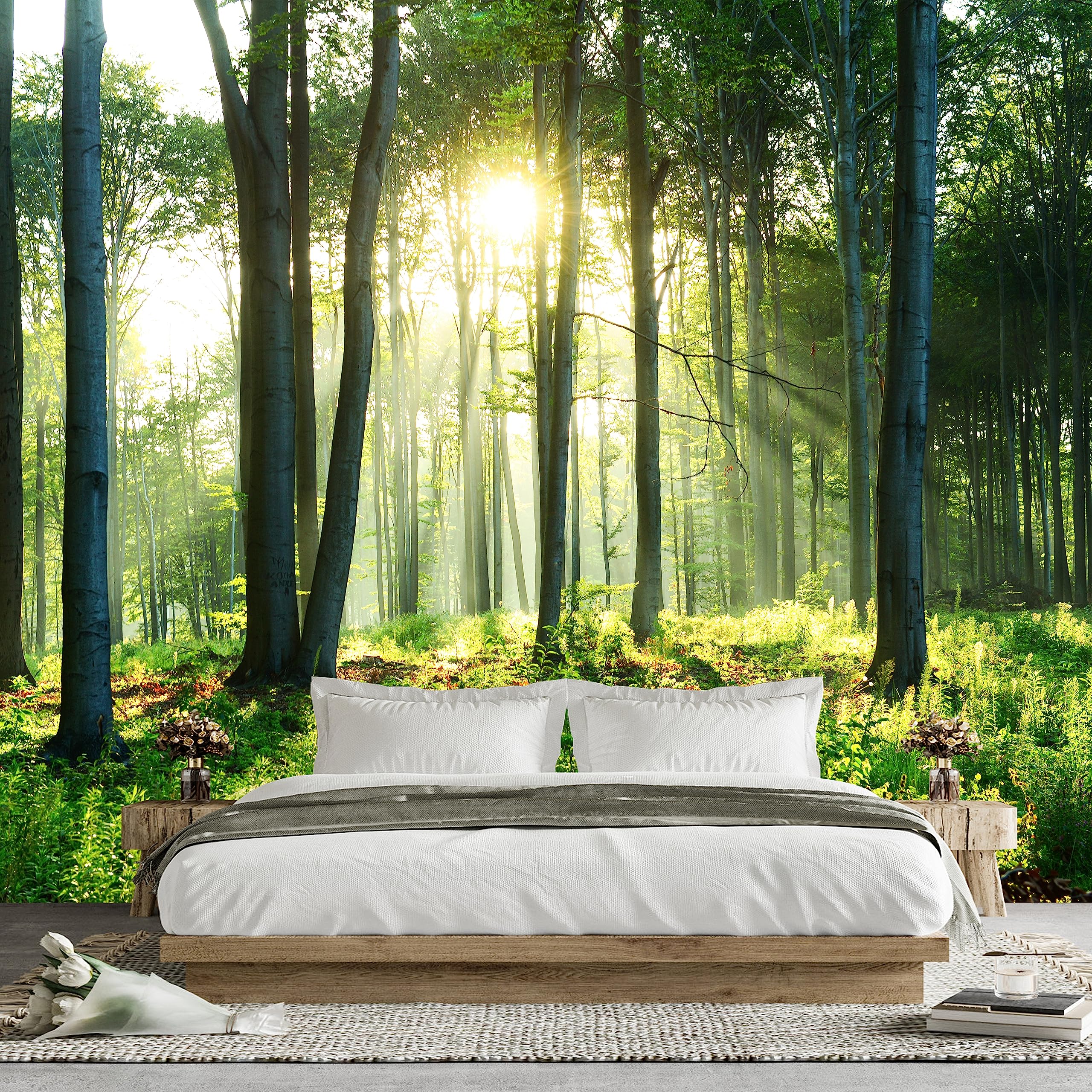 Green Sunshine Forest Wallpaper Mural for Living Room Bedroom (Not Peel ...