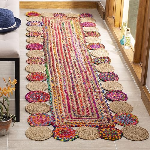 SAFAVIEH Cape Cod Collection - Alfombra de pasillo, 2 pies 3 pulgadas x 8 pies, color rojo y multicolor, hecho a mano de yute trenzado y algodón,