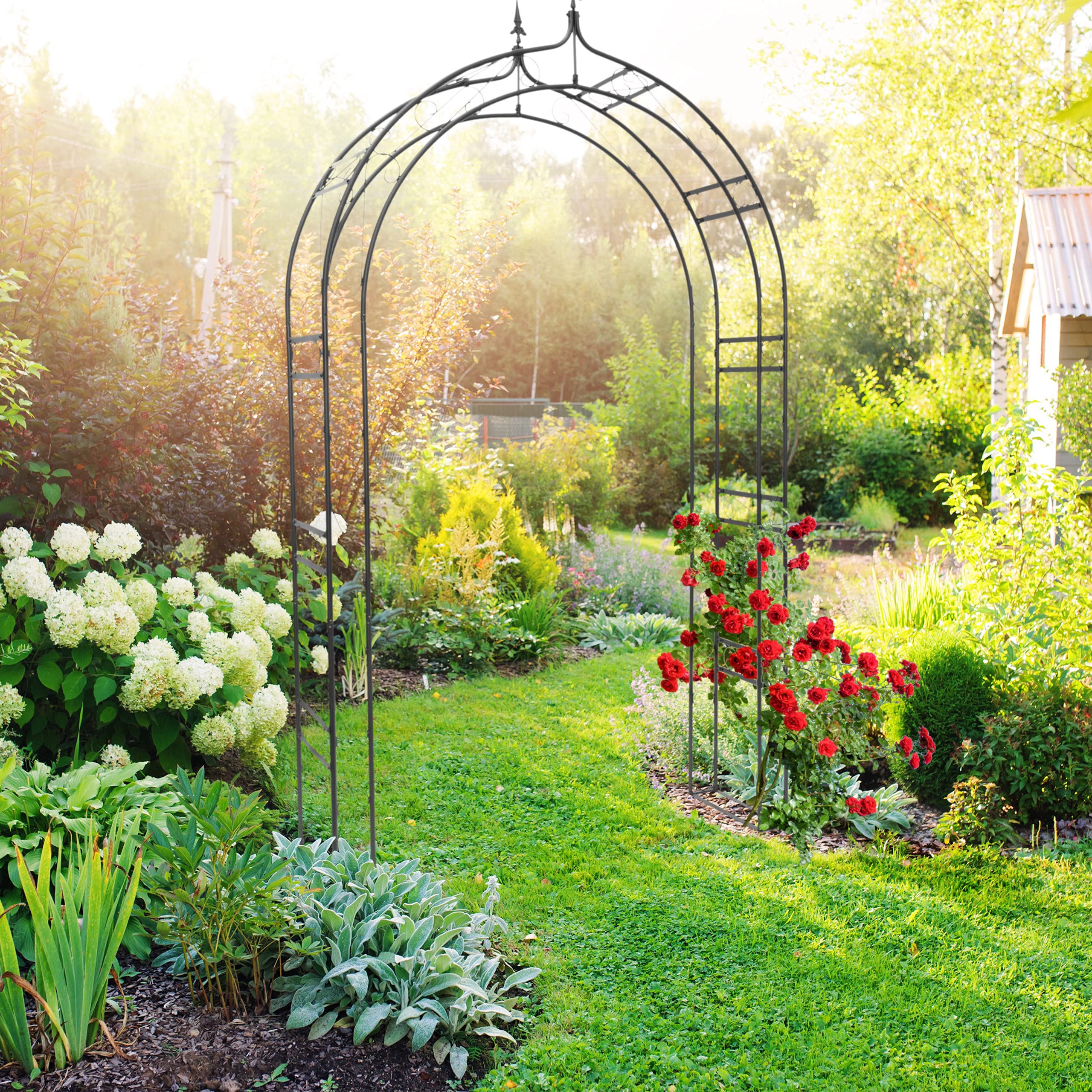 Relaxdays Rosenbogen mit Spitze HBT 242 x 138 x 35,5 cm Torbogen aus massivem Metall als Rankhilfe für Kletterrosen und Clematis Rosenspalier mit Pike und 4 Erdnägeln als stabiles Rankgitter, schwarz