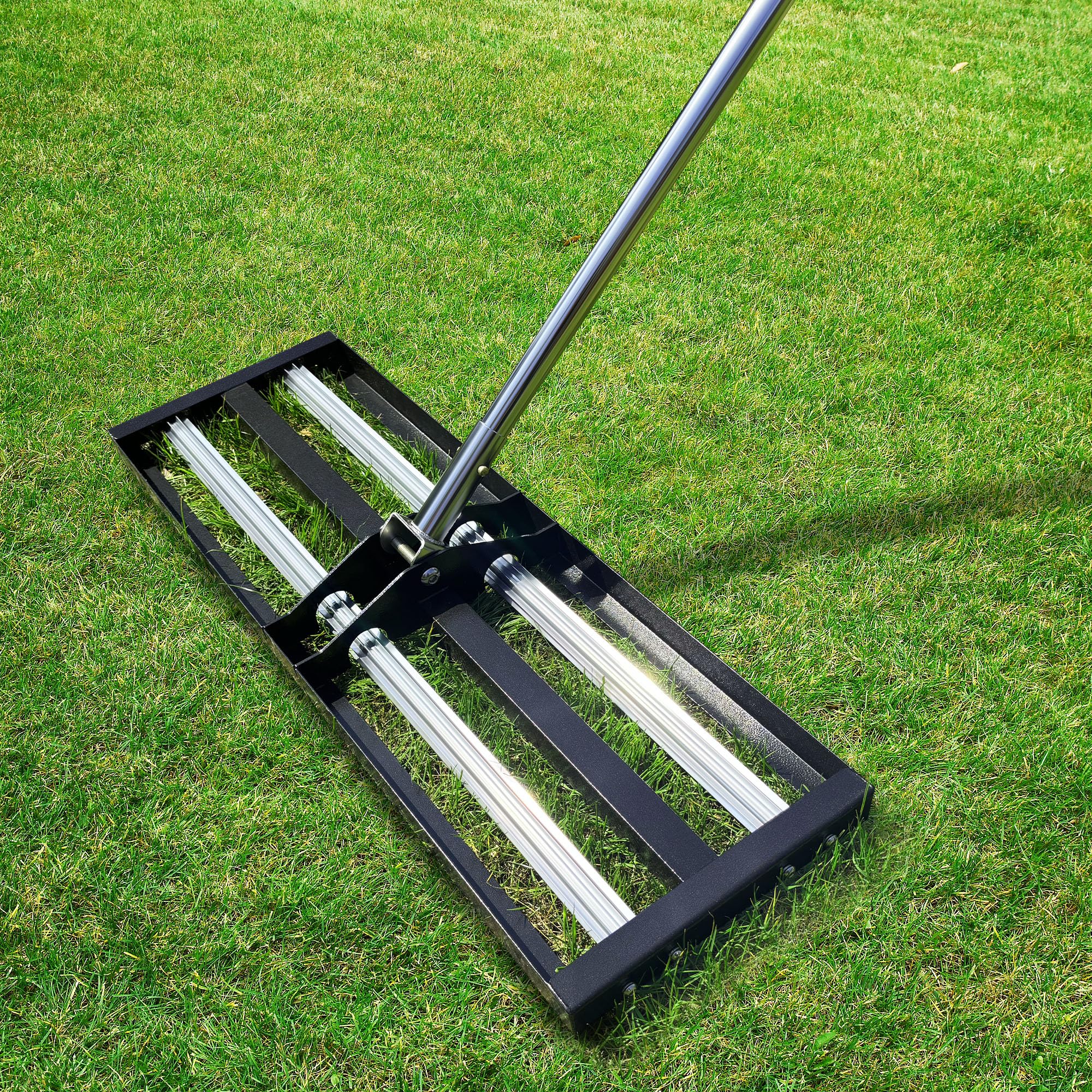 Nelyrho Rastrello livellatore per prato con rulli in alluminio, in acciaio inox, 76 x 25 cm, livellatore per prato resistente con manico esteso da 203 cm, rastrello livellatore per giardino, prato da
