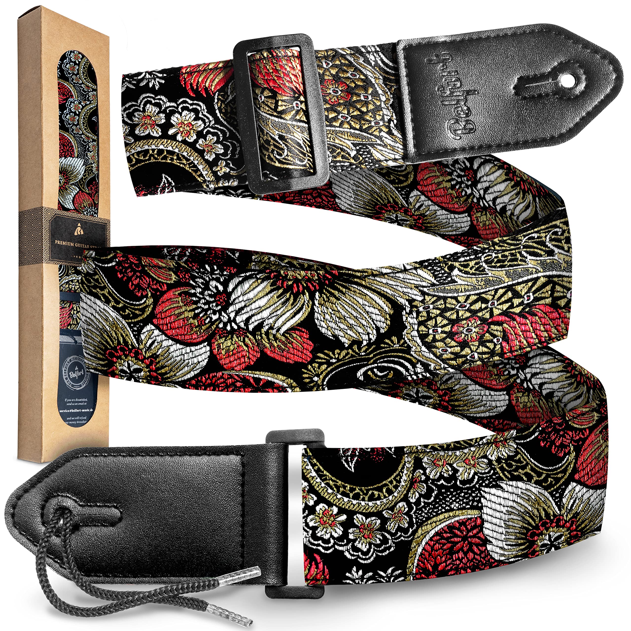 Belfort® Pasek do gitary - pasek do gitary elektrycznej, gitary akustycznej, gitary westernowej, basu elektrycznego i ukulele, dla dorosłych i dzieci, pasek gitarowy ze skórą z mikrofibry + e-book
