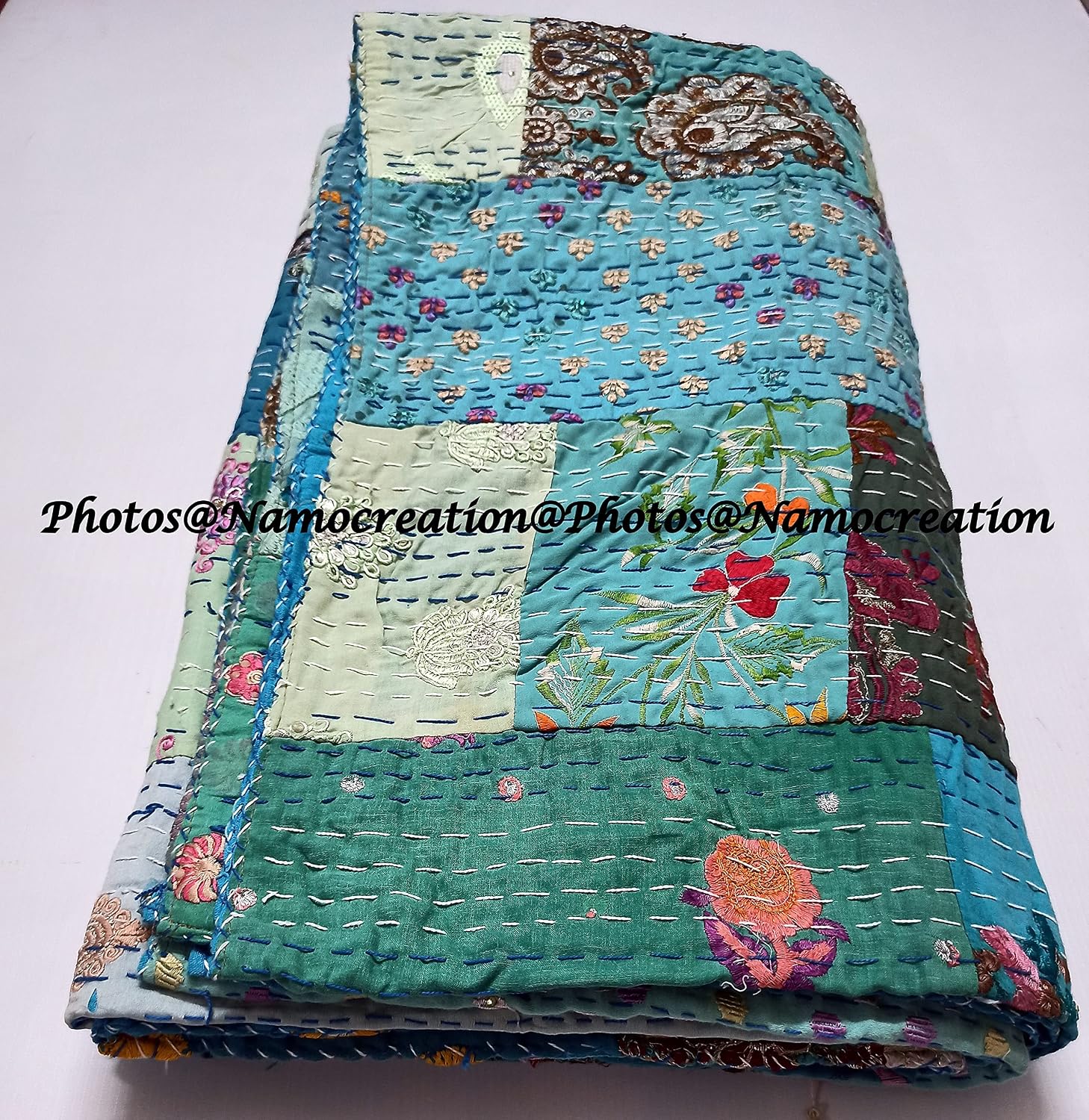 Embroidery Patchwork Quilt Reversible Patchwork Kantha Bedspread Bed Cover Decor Throw Blanket with Two Pillow Cover California King/Queen/Twin (Turquoise 1, 108X108 Inches)