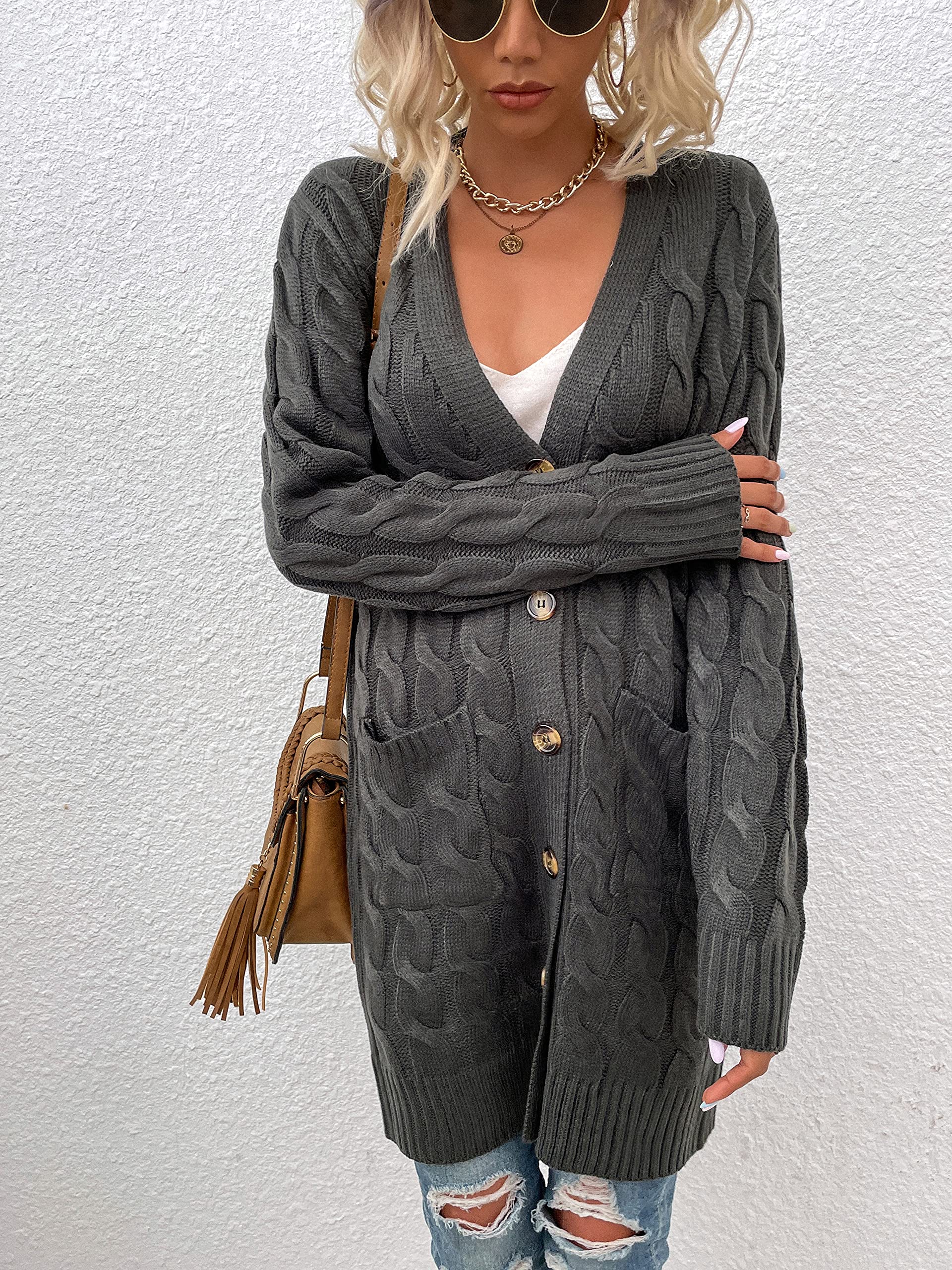 Damen Strickjacke Lang Cardigan mit Taschen Strickmantel Langarm Knopfleiste Knit Cardigan Open Front Herbst Winter Strick Mantel
