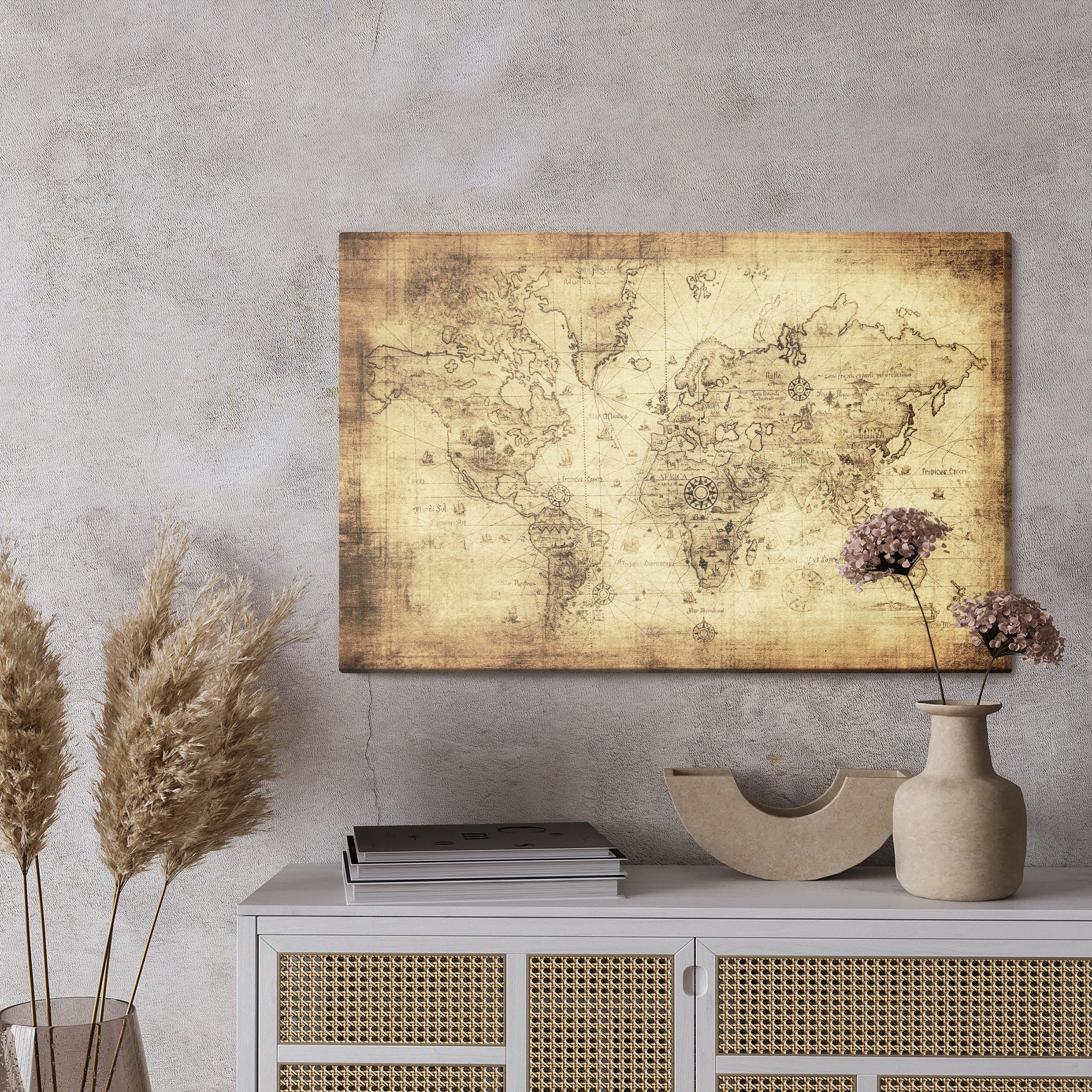 WALLERO HandArt Leinwandbild Antike Weltkarte Vintage – mit Struktur-Effekt | Kunstbilder wie handbemalte Wandbilder für Wohnzimmer Schlafzimmer Flur 40x30