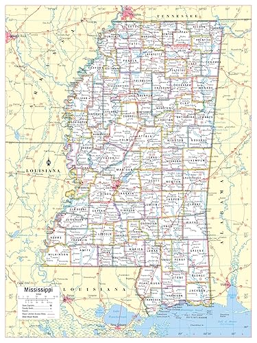 Cool Owl Maps Póster de mapa de pared del estado de Mississippi, impresión grande, enrollado, 24 pulgadas de ancho x 32 pulgadas de alto (laminado)