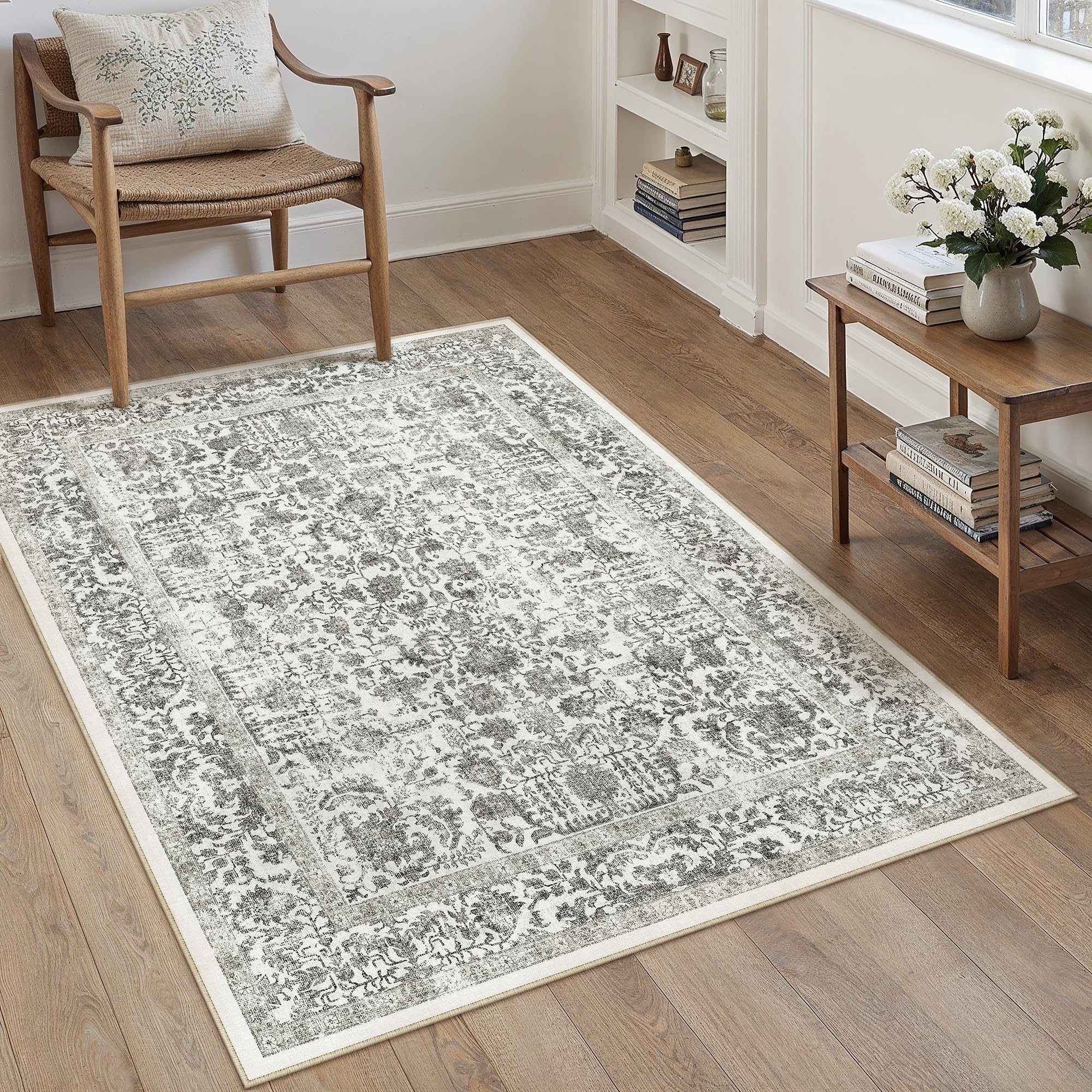 Black Area Rug 3x5 Office Entryway Rug Machine Washable Kitchen Vintage Distressed Non Slip Carpet Indoor Retro Floral Accent Throw Door Mat for Bathroom Bedroom Dining Living Room