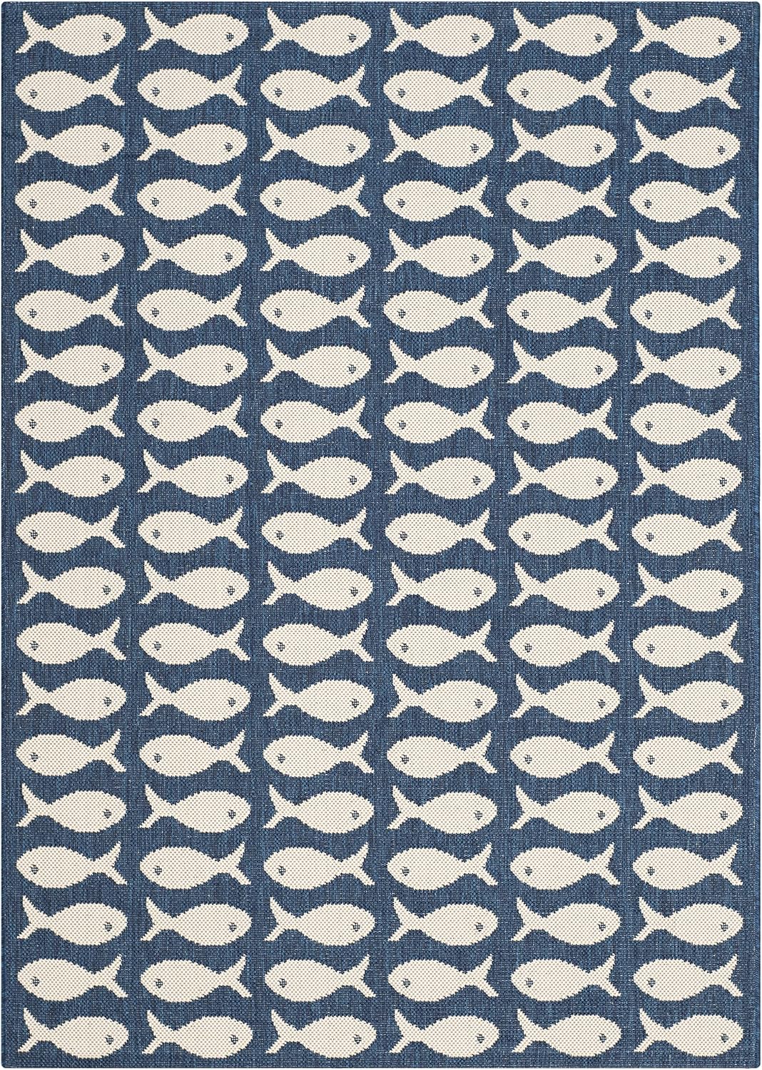 Navy and Beige Fish Pattern Indoor/Outdoor Rug 2'7" x 5'
