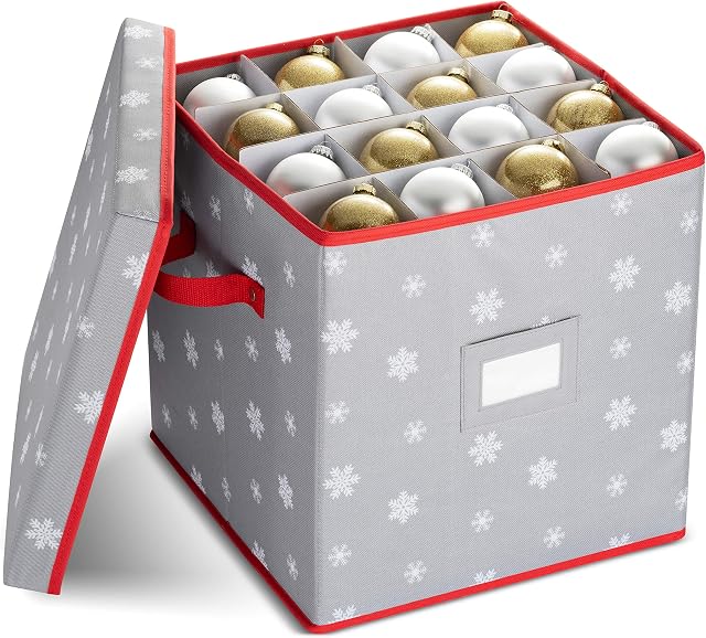Premium Christmas Bauble Storage Box With Dividers - Snowy Lane Design - 64 Compartment Xmas Ornament Storage Box - Christmas Decorations & Baubles Storage - Tear Proof 600D - 5 Year Warranty