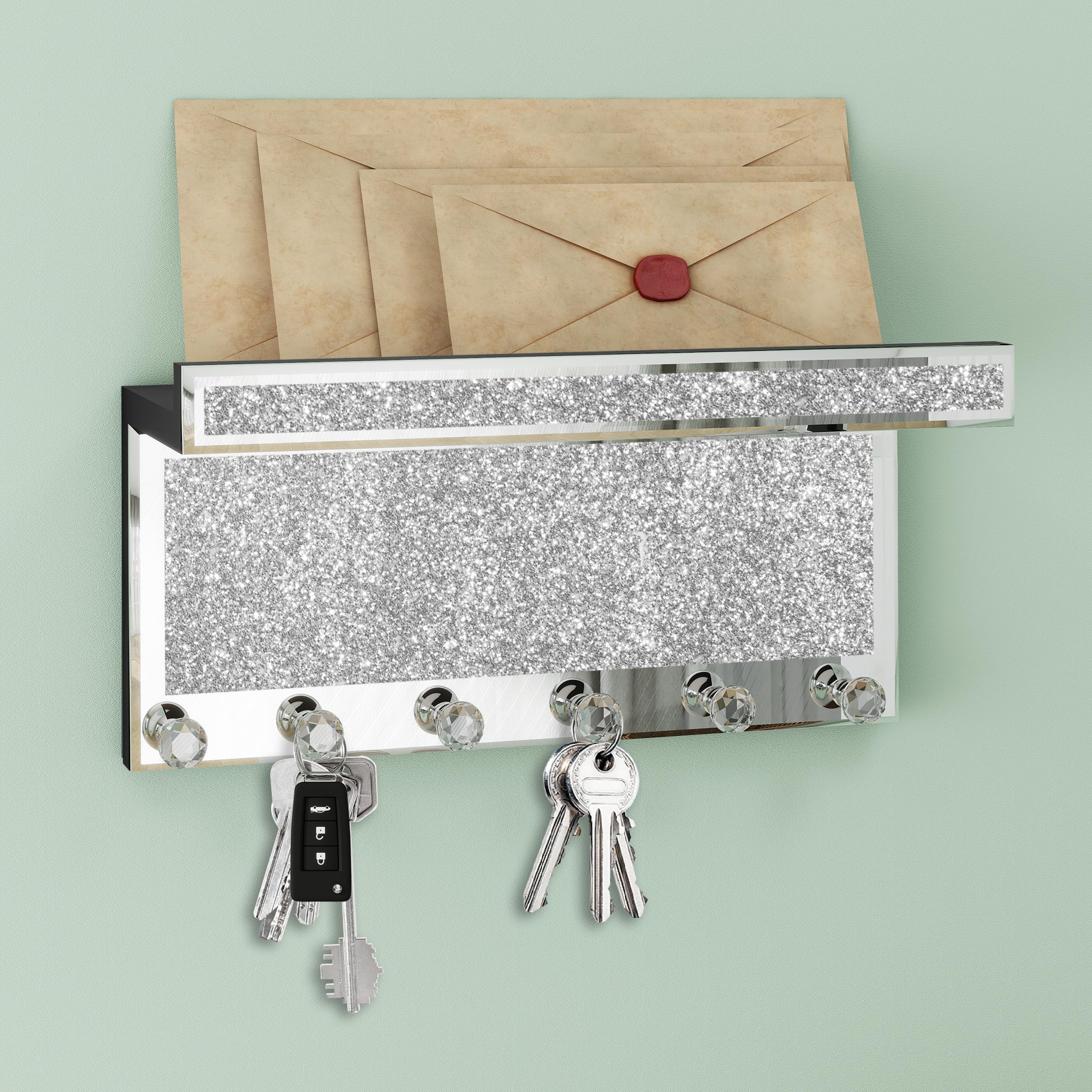 SHYFOY Portachiavi da parete a specchio, luccicante portachiavi decorativo e porta posta, scaffale da parete con 6 ganci in cristallo, per ingresso, porta d'ingresso, cucina, corridoio, garage