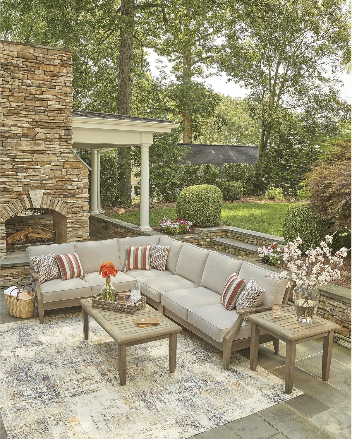 Signature Design by Ashley Clare View Left-Arm Facing Contemporary 4-Piece Outdoor Sectional with Cushion and 6 Throw Pillows, Beige