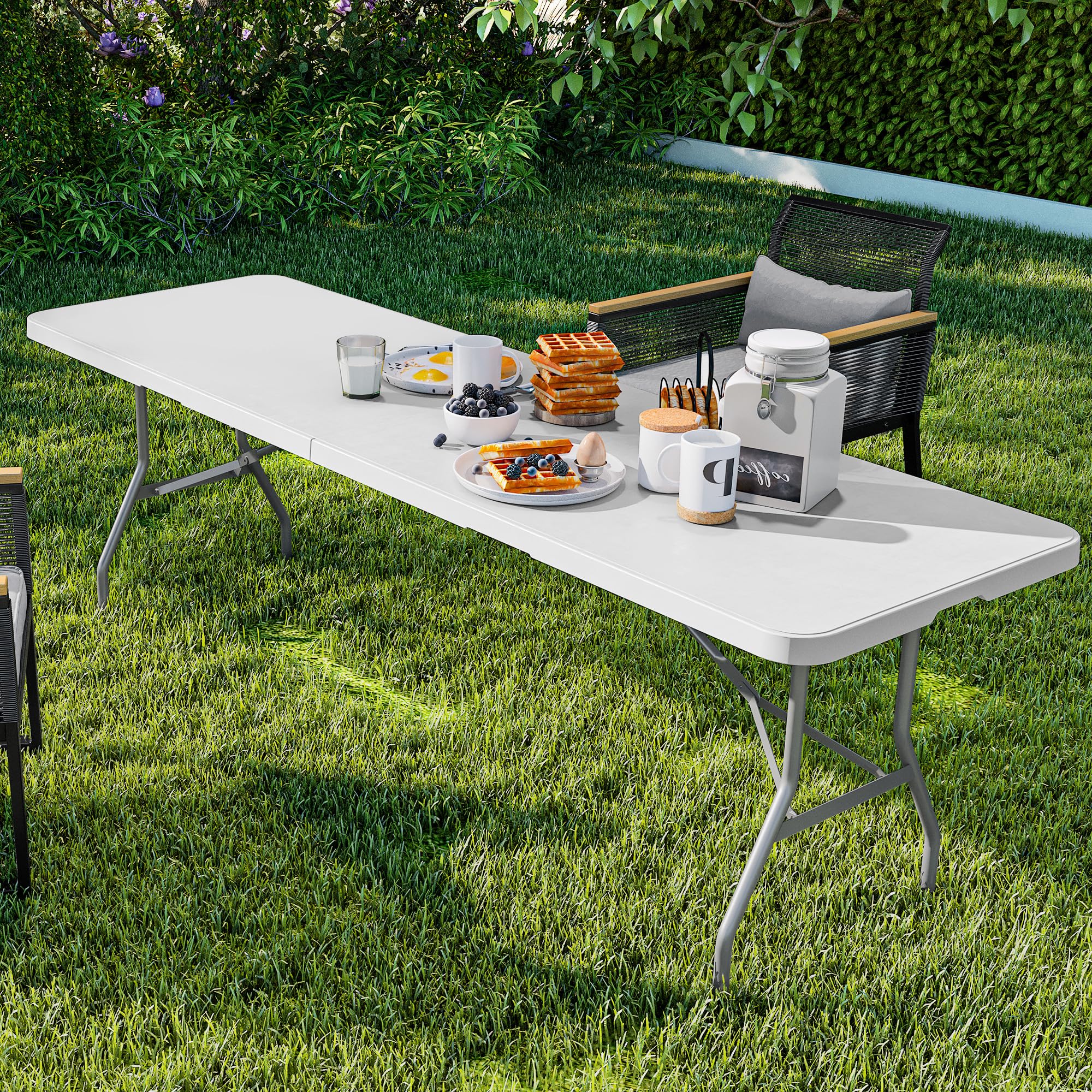 YITAHOME 8FT Folding Tables, Heavy Duty Folding Table with Carrying Handle, Plastic Fold up Table for Outdoor Camping Picnic Parties/Indoor Events, White