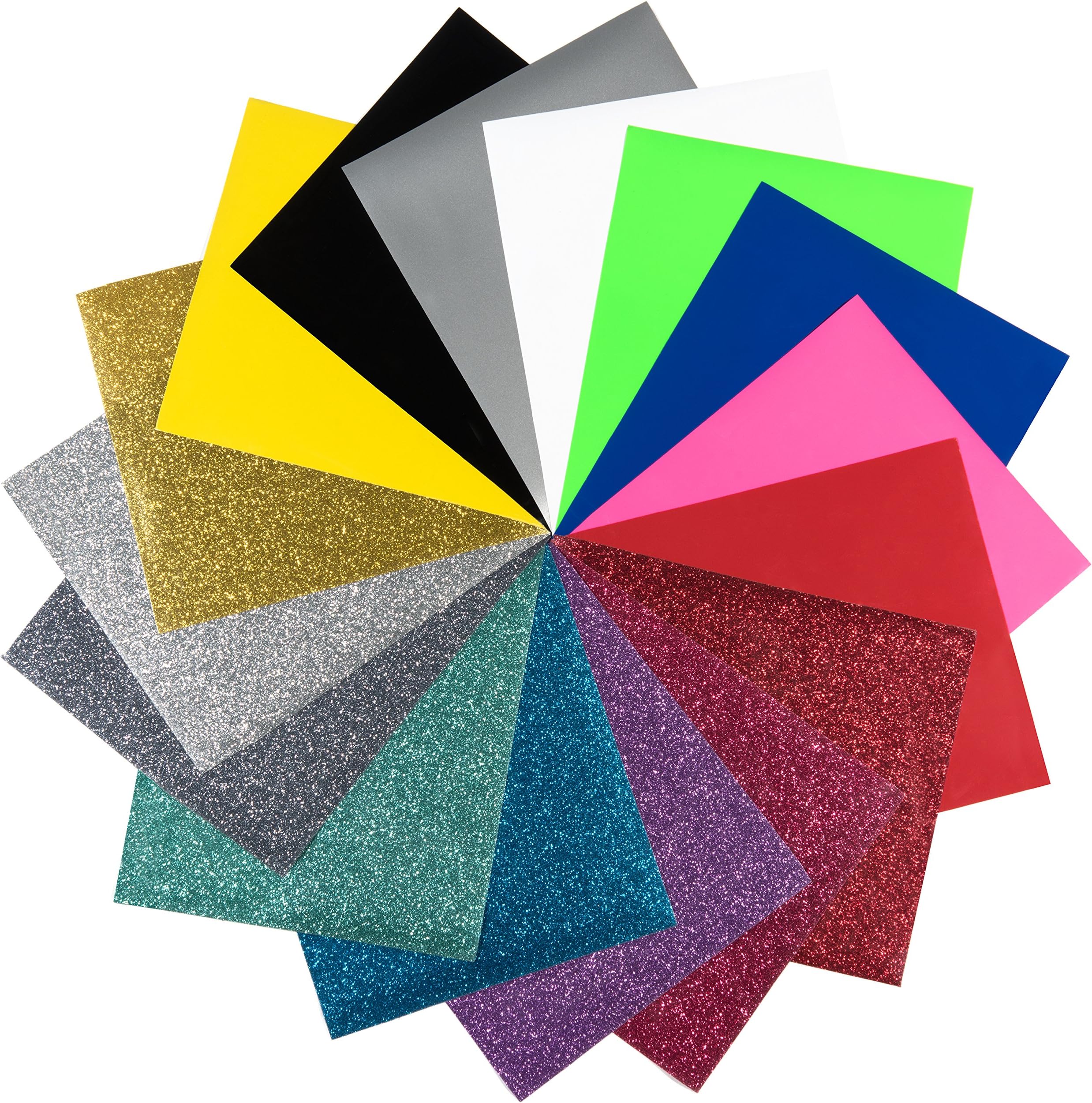 Iron On Heat Transfer Vinyl Bundle 16 sheets 8 Glitter 8 Non Glitter 12 x 10 inch. Use with Cricut, Silhouette. Ideal for T Shirts, Crafts. Turn Your Vision into Reality with this Premium HTV Material