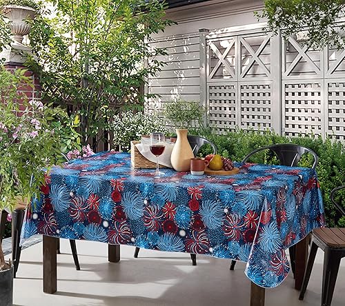 Newbridge Fireworks Celebration Mantel de vinilo con respaldo de franela, color rojo, blanco y azul fuegos artificiales para interiores y